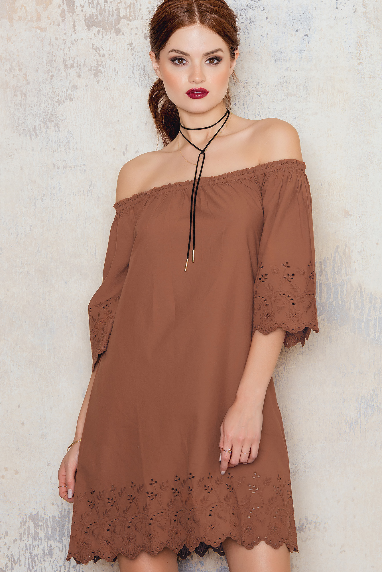 Terracotta Off Shoulder Embroidery Tunic