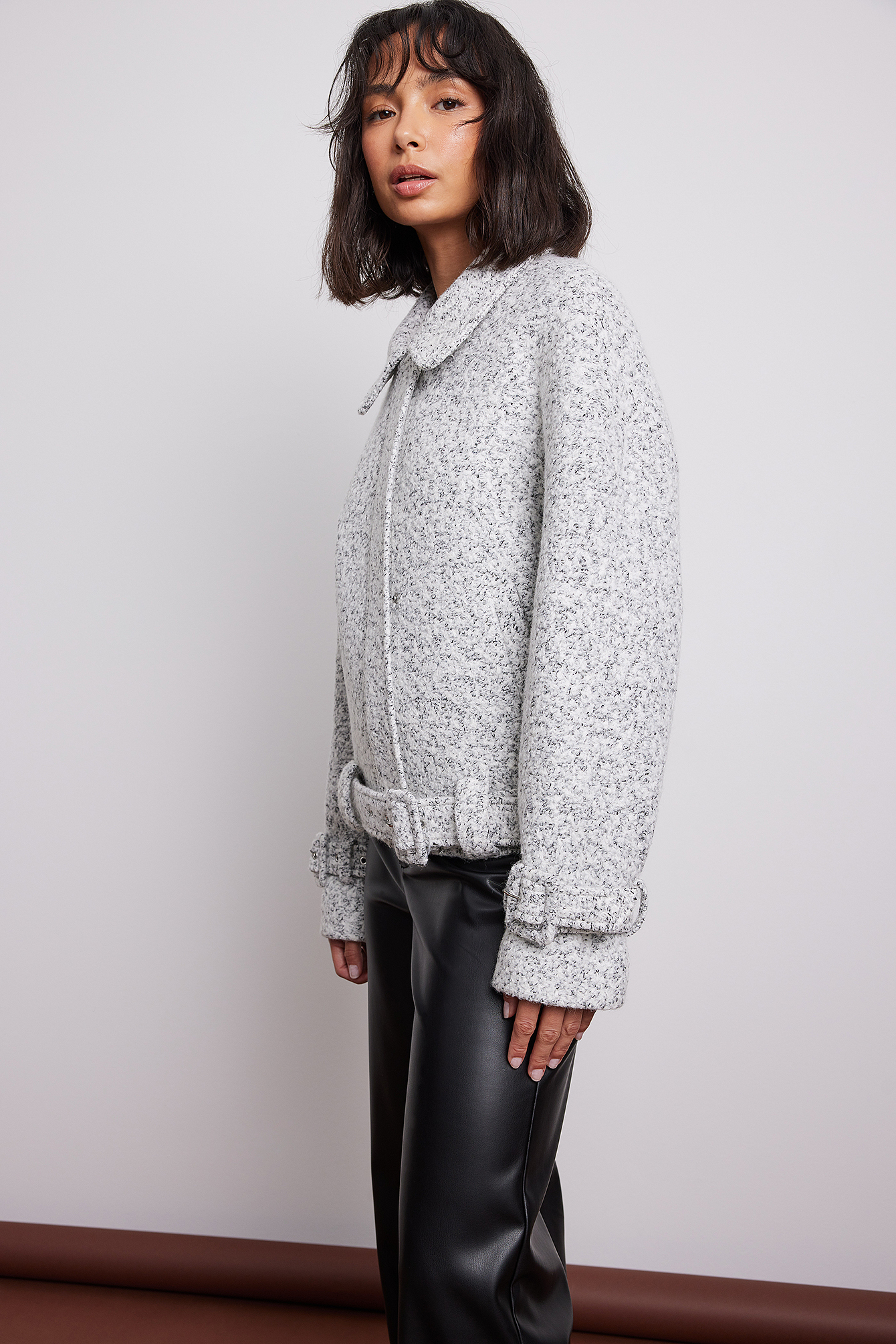 Wool Blend Belted Short Jacket Grey