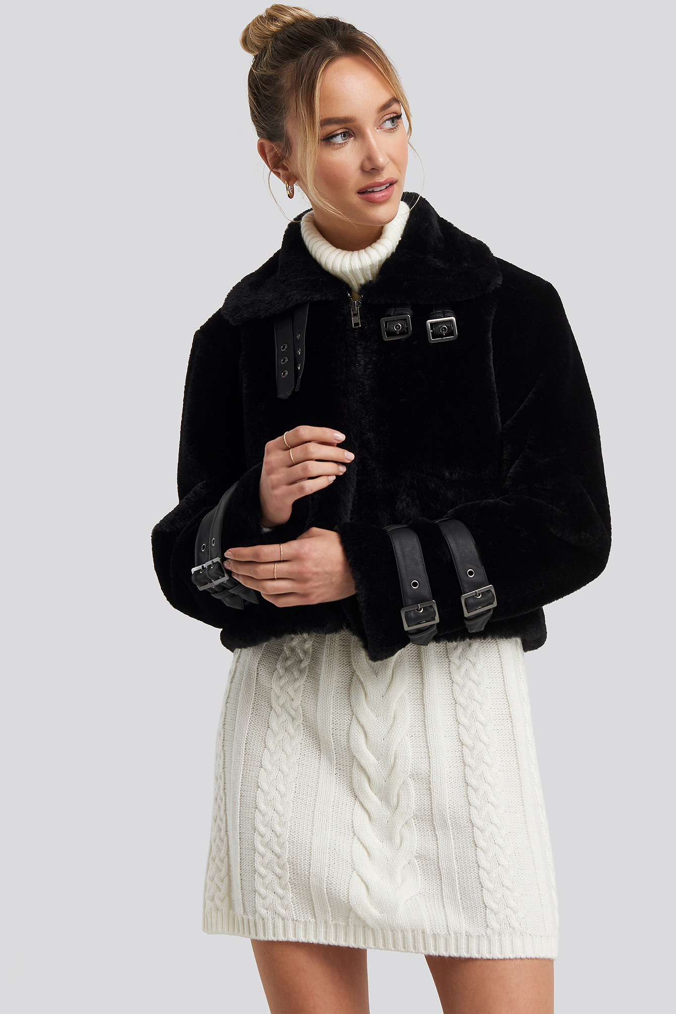 Black Adorable Caro x NA-KD Faux Fur Cropped Jacket