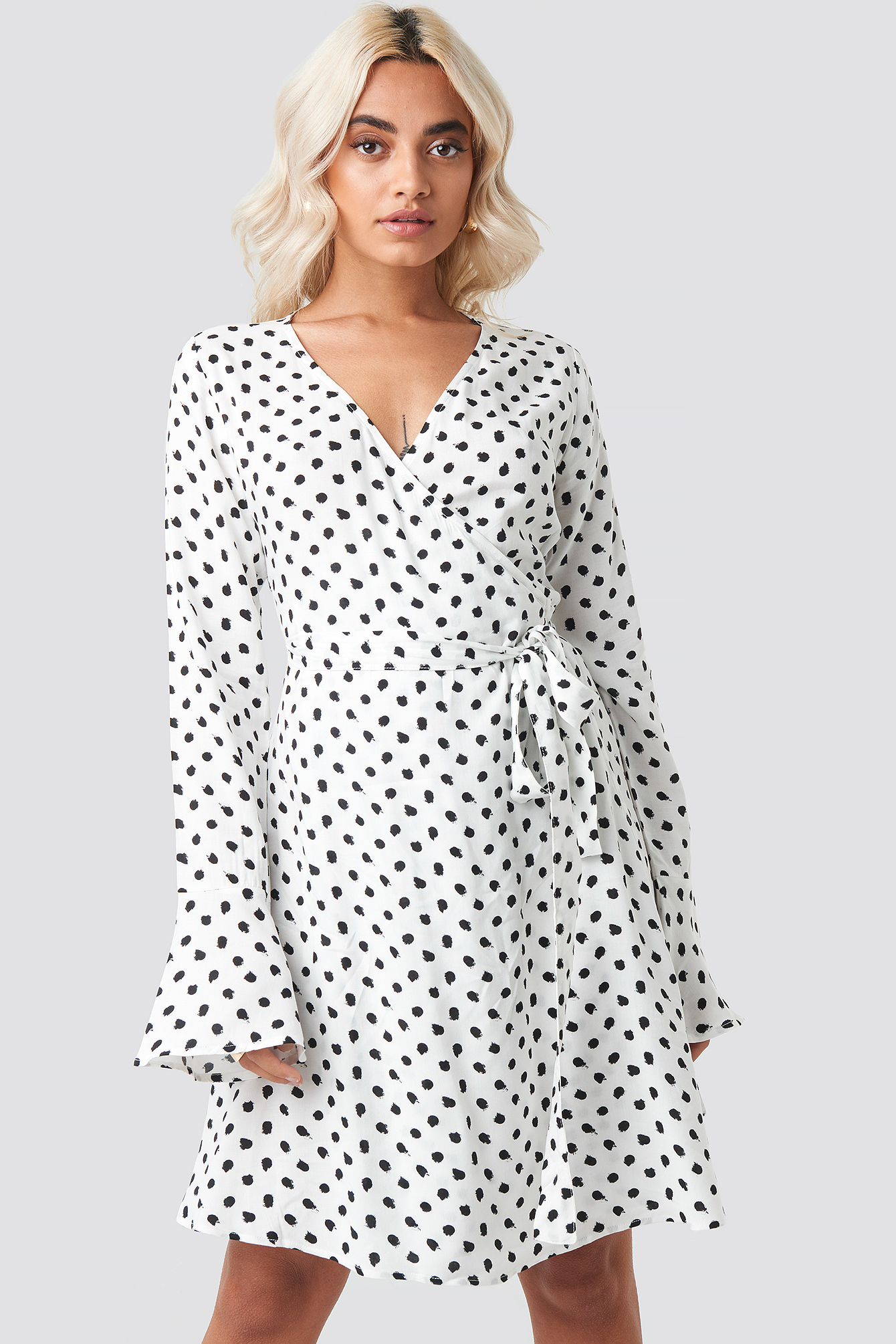 White/Black AFJ x NA-KD Dot Print Wrap Mini Dress