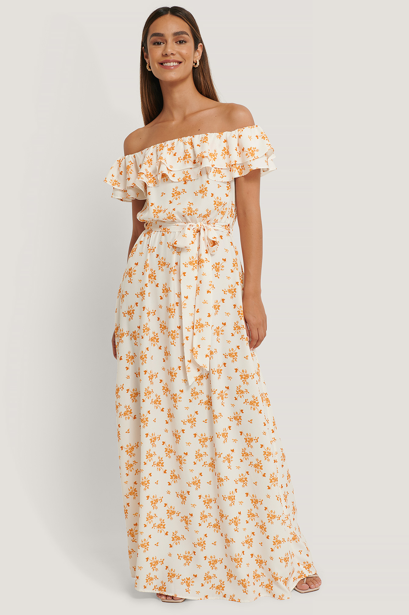 Flower Print Maxi Robe Épaules Dénudées