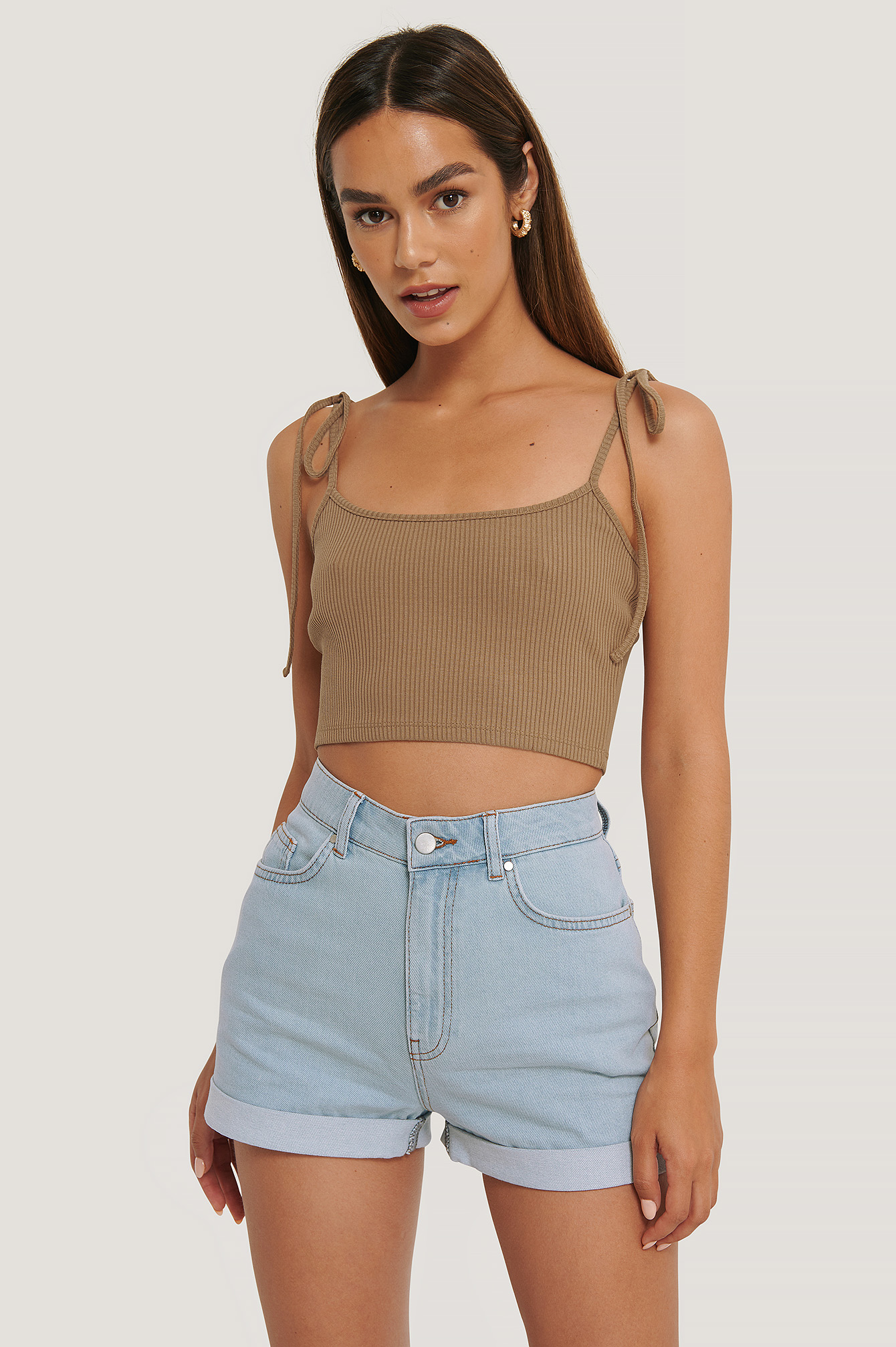 Brown Haut En Jersey Côtelé Noué Aux Épaules