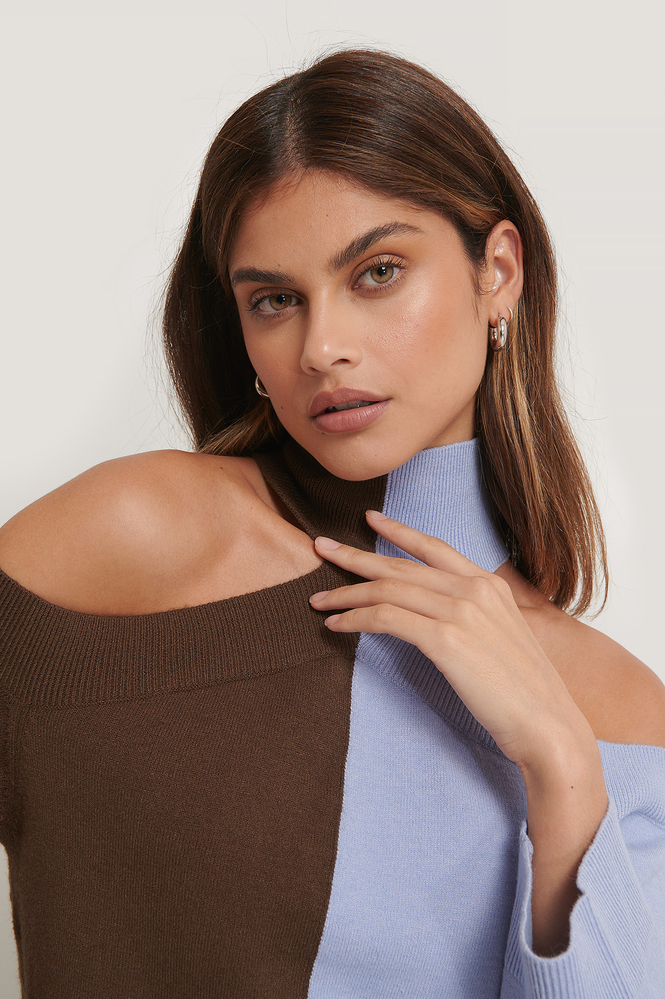 Brown/Blue Pull En Tricot À Épaules Dénudées