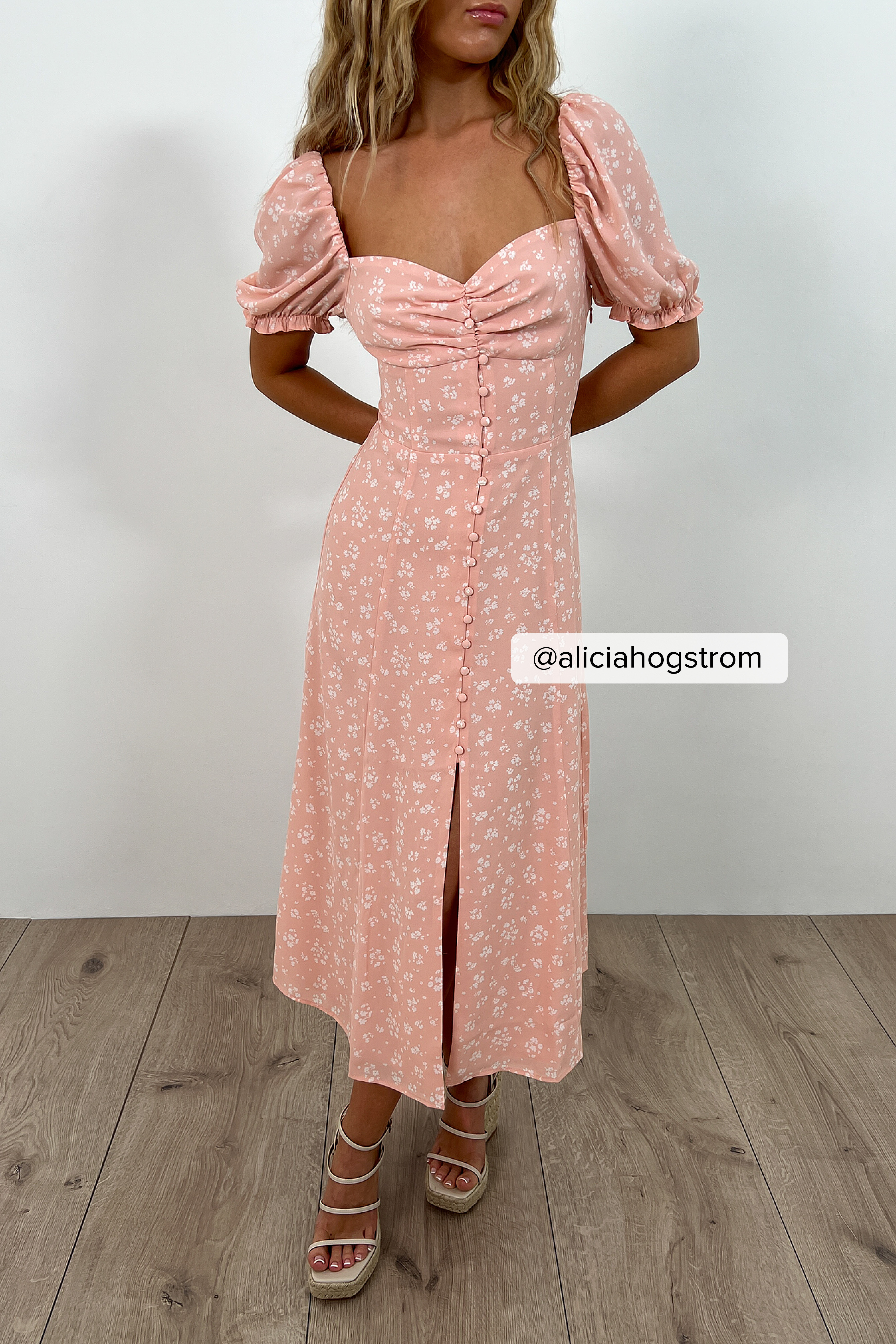 Pink Floral Chiffon Buttoned Front Midi Dress
