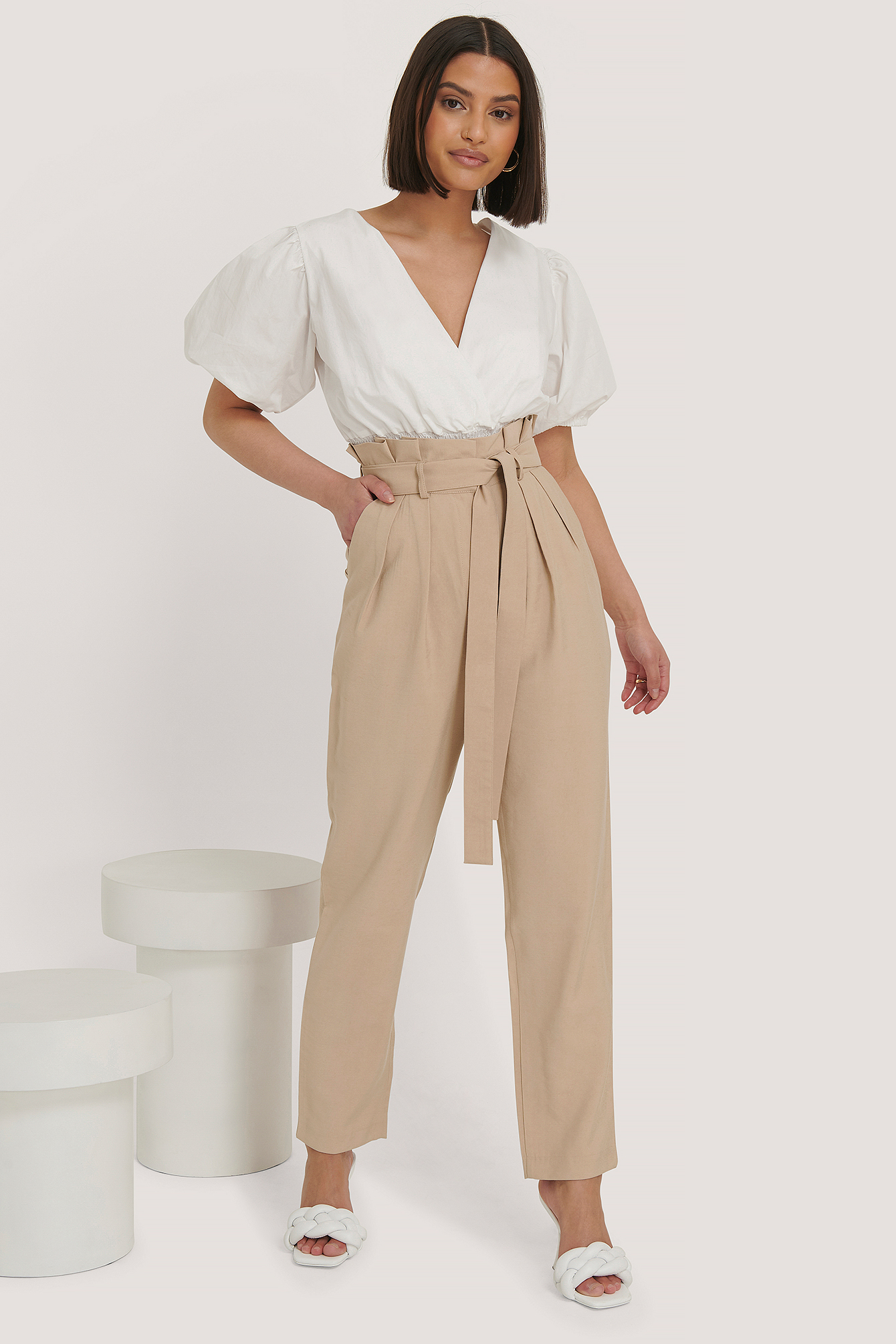 Beige Pantalon À Nouer À La Taille