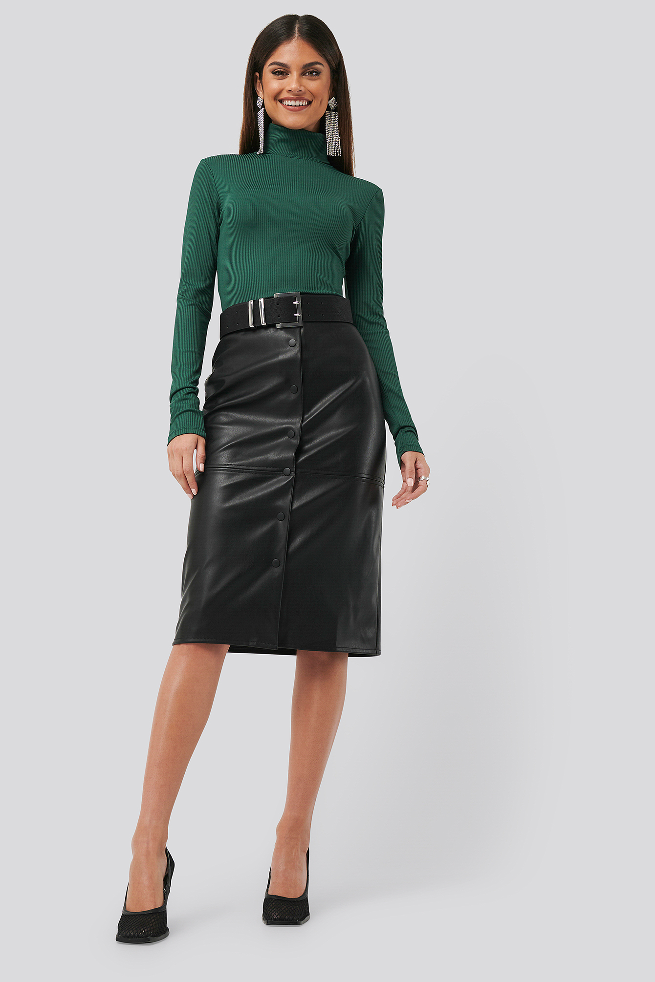 Black PU Button Midi Skirt