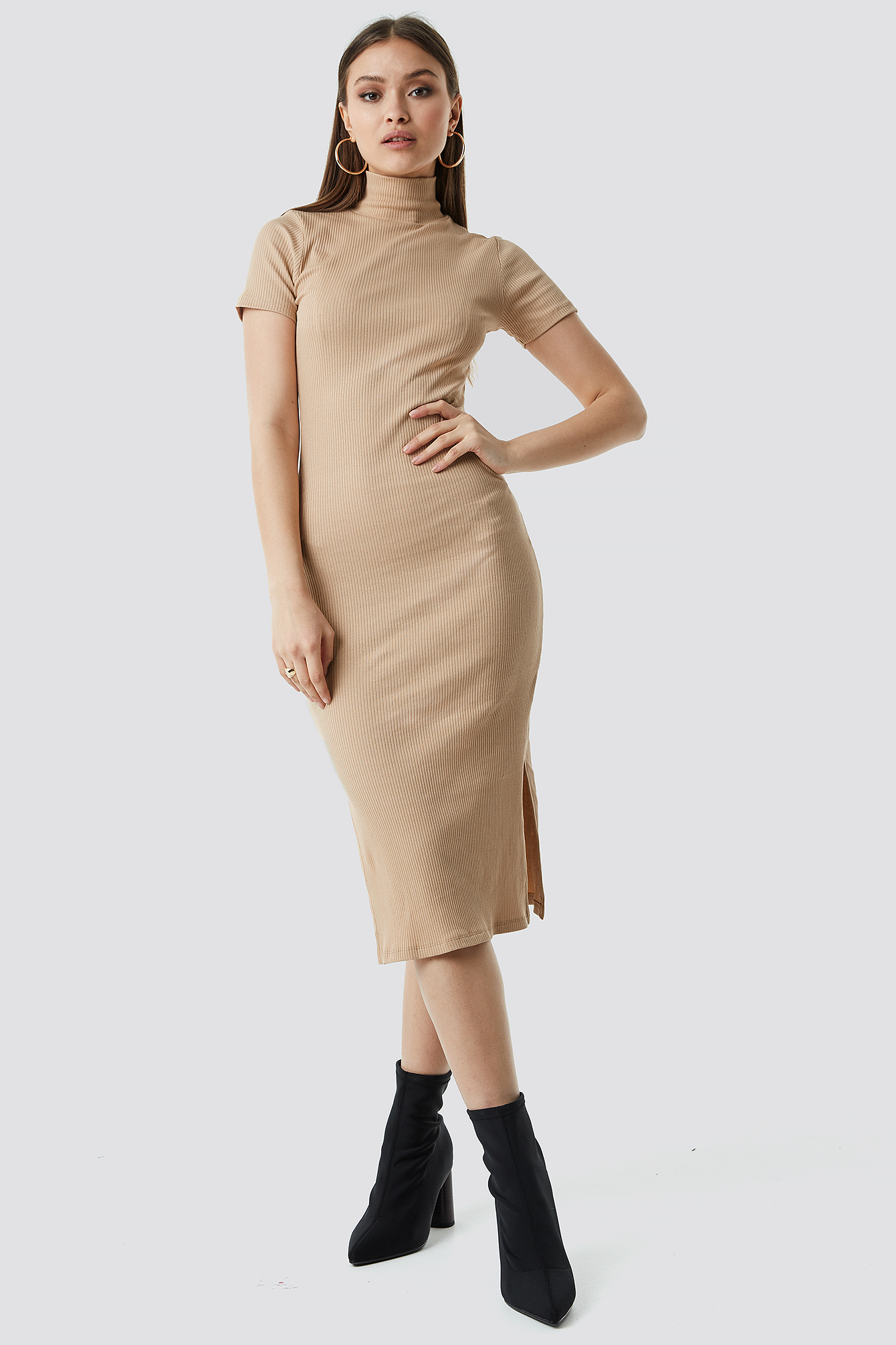Jersey Rib Midi Dress Beige NAKD
