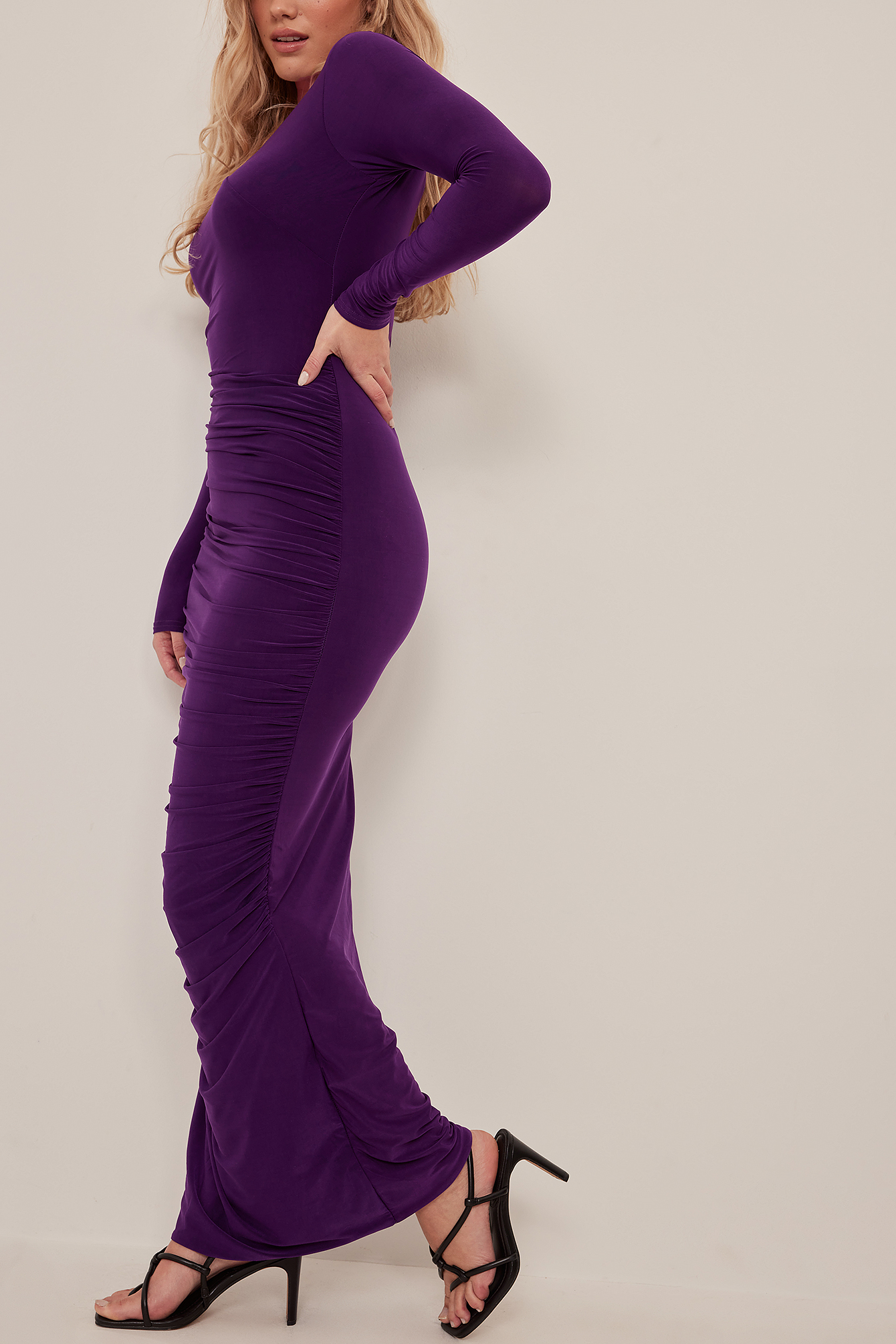 Purple Drapée robe à manches longues