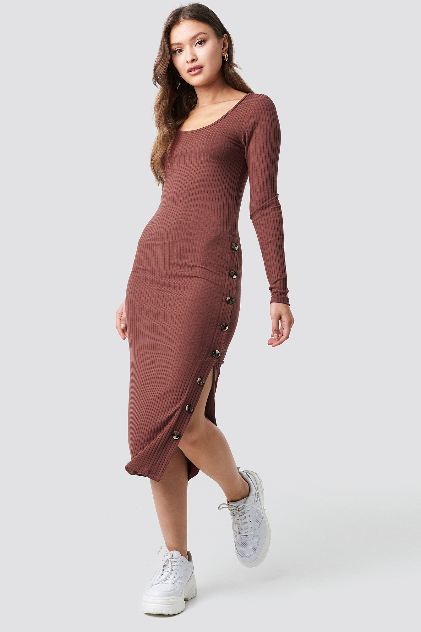Red Sand NA-KD Button Ribbed Midi Dress