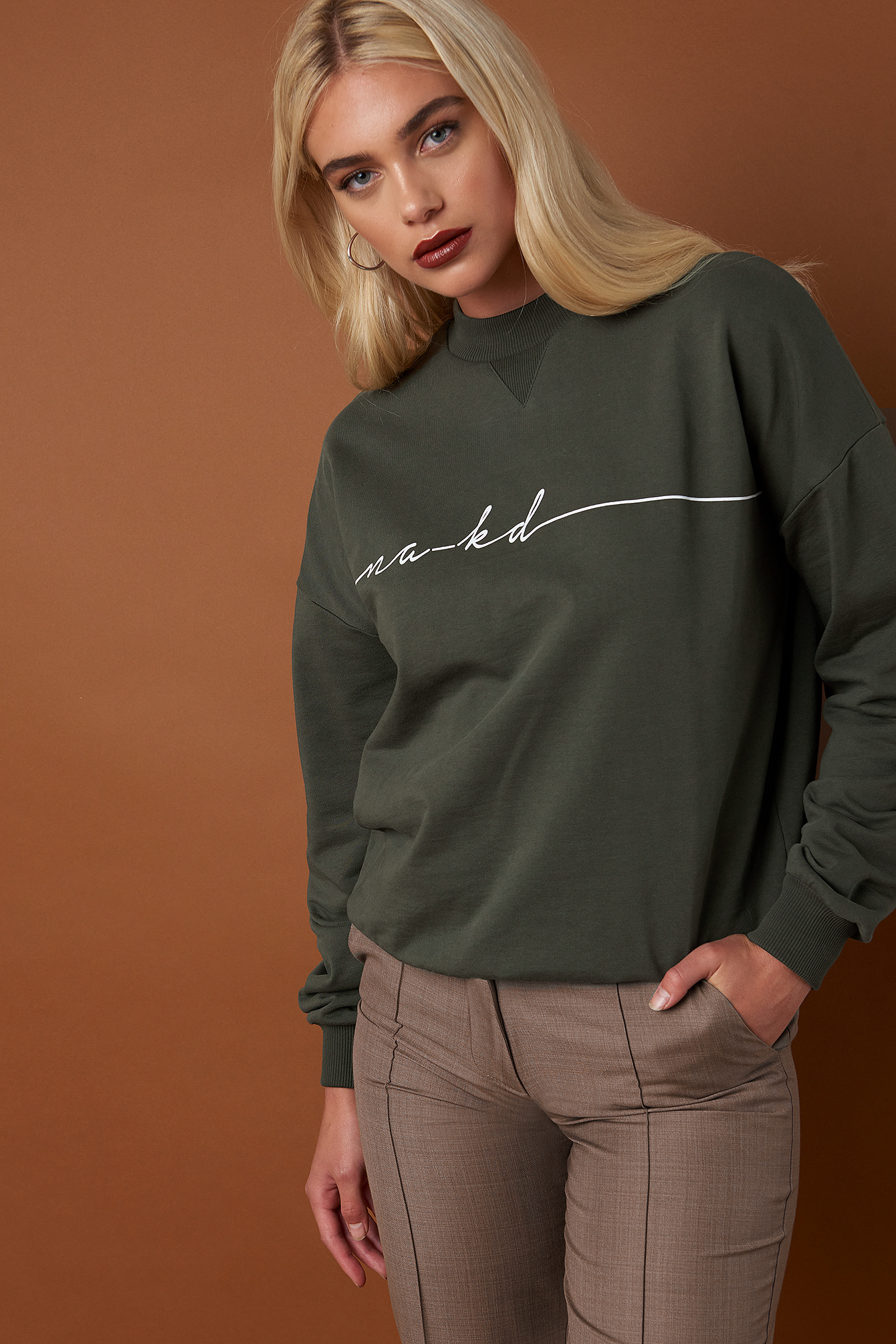 Khaki NA-KD Trend Chest Branded Sweatshirt
