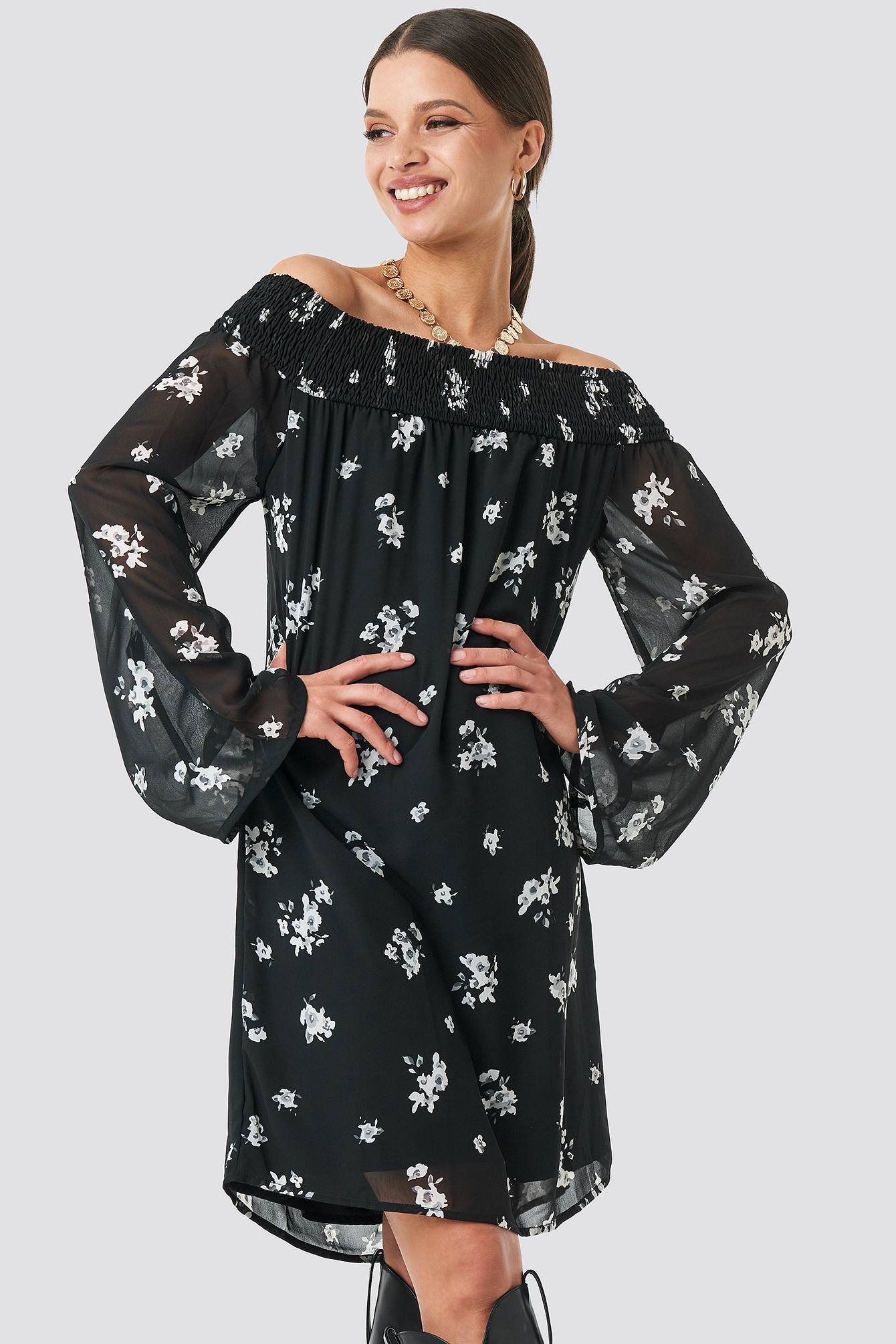 Black/White Flower Print Floral Printed Off shoulder Dress