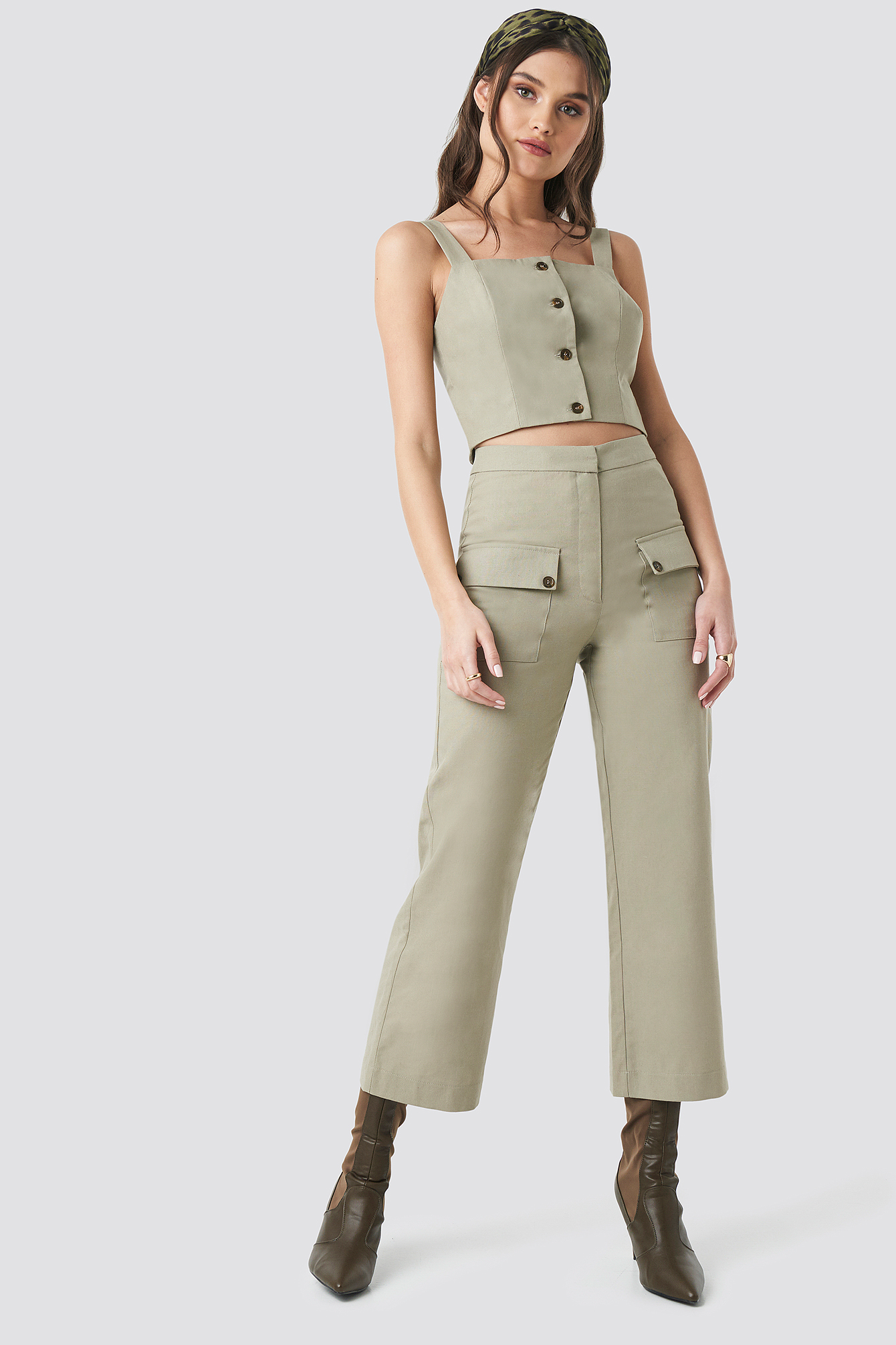 Beige Linen Look Front Pocket Cargo Pants