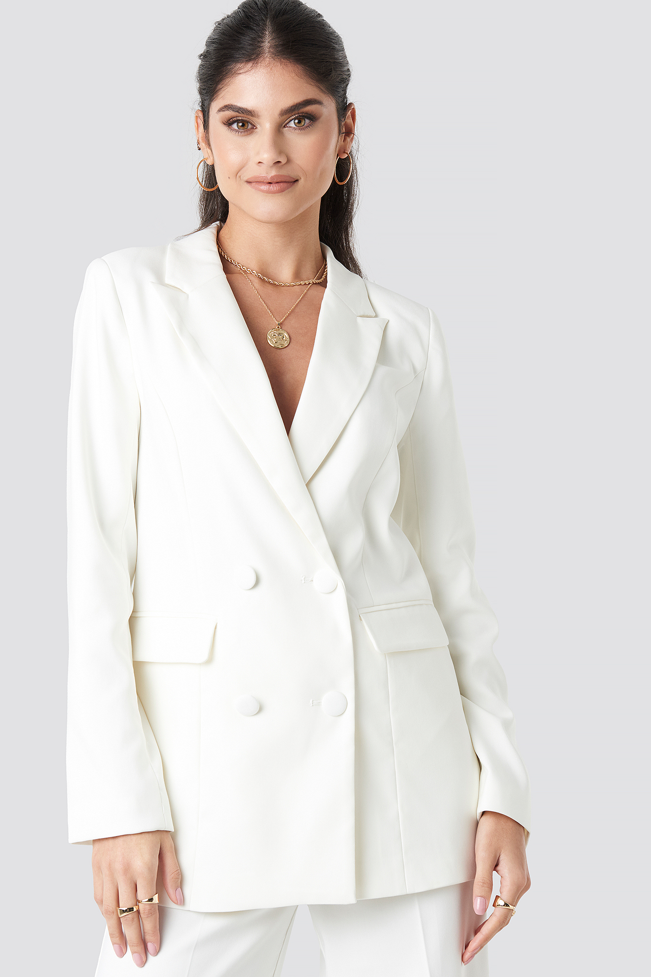 Long Double Breasted Blazer Blanc NAKD