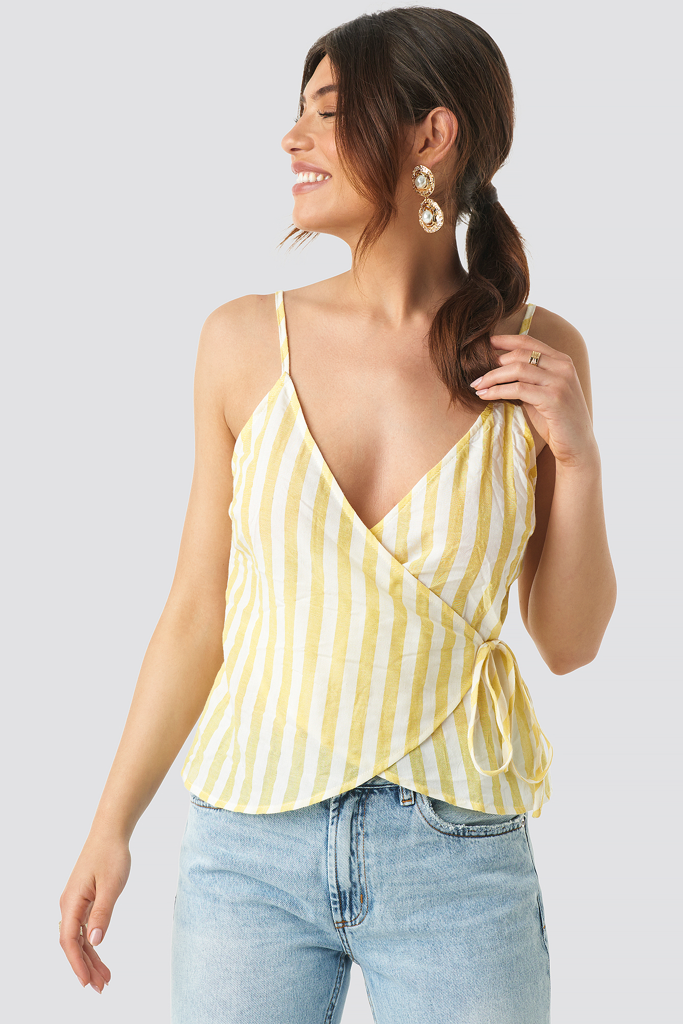 Yellow White Stripes NA-KD Trend Striped Wrap Over Side Singlet