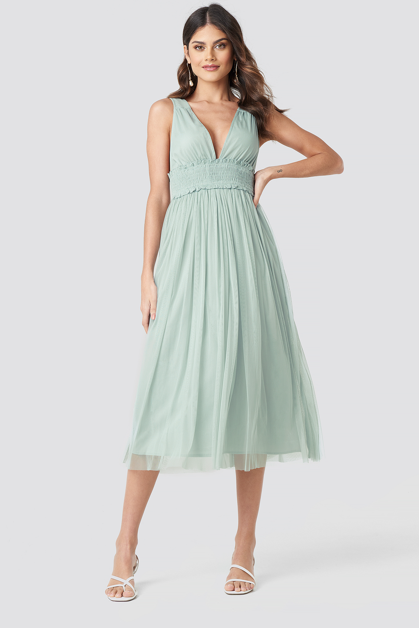 Dusty Green V-neck Tulle Midi Dress