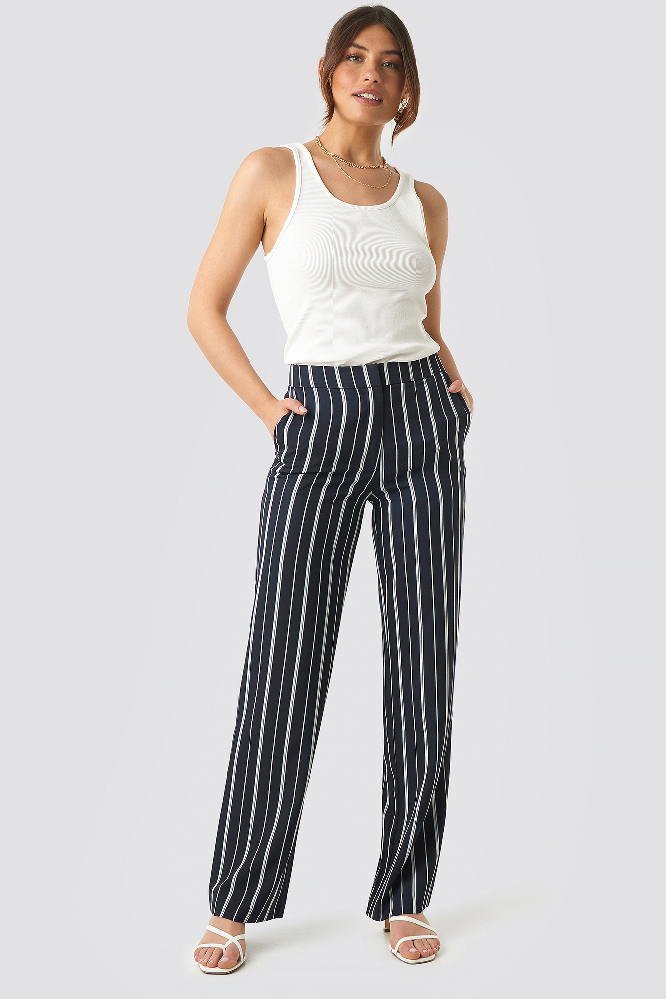 Dark Blue/White Stripe Wide Striped Suit Pants