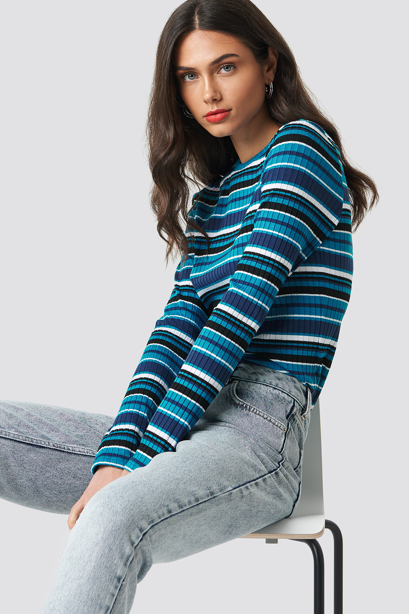 Turquoise NA-KD Round Neck Striped Top