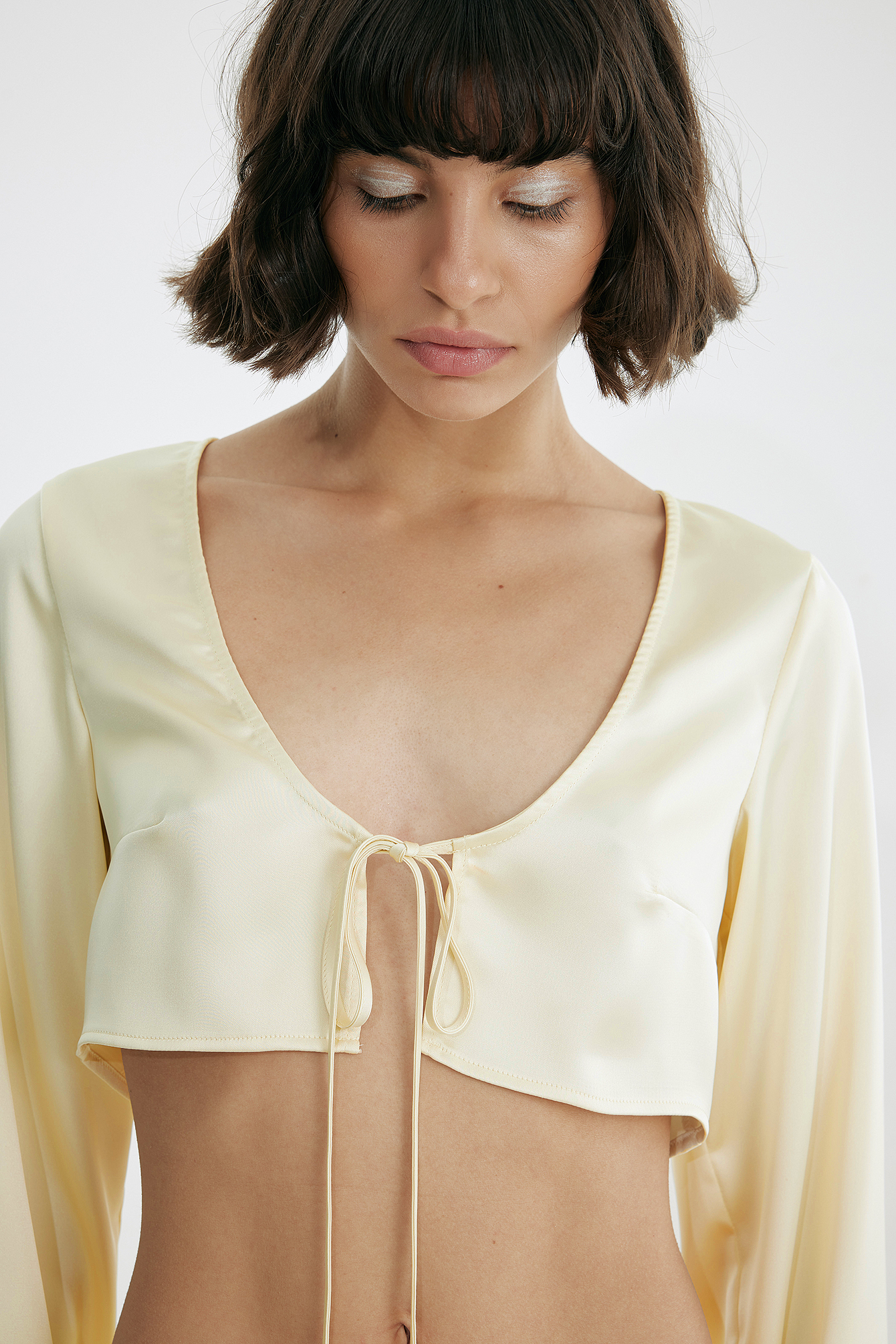 Off White Front Tied Satin Top