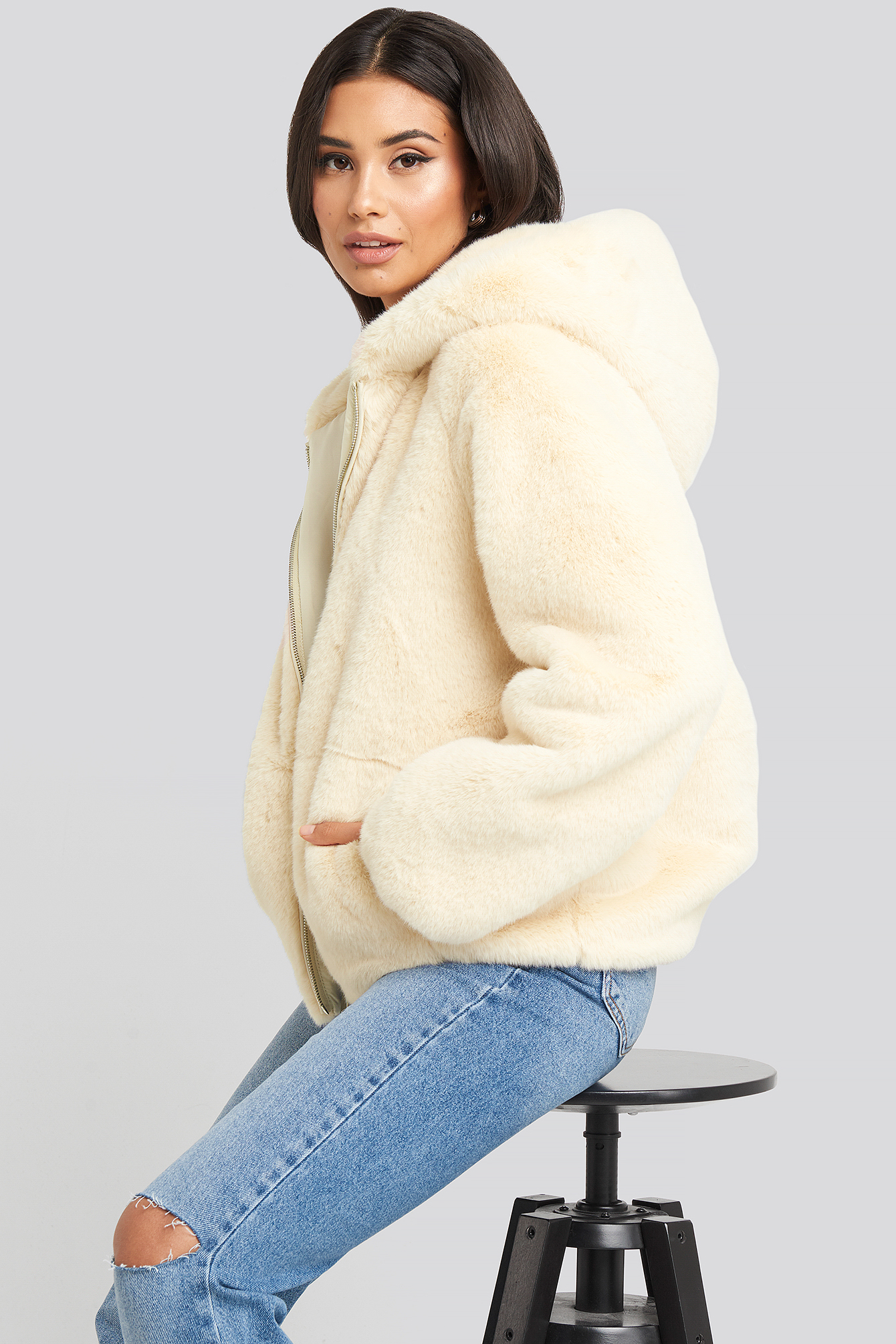 Faux Fur Hoodie Jacket Blanc | na-kd.fr