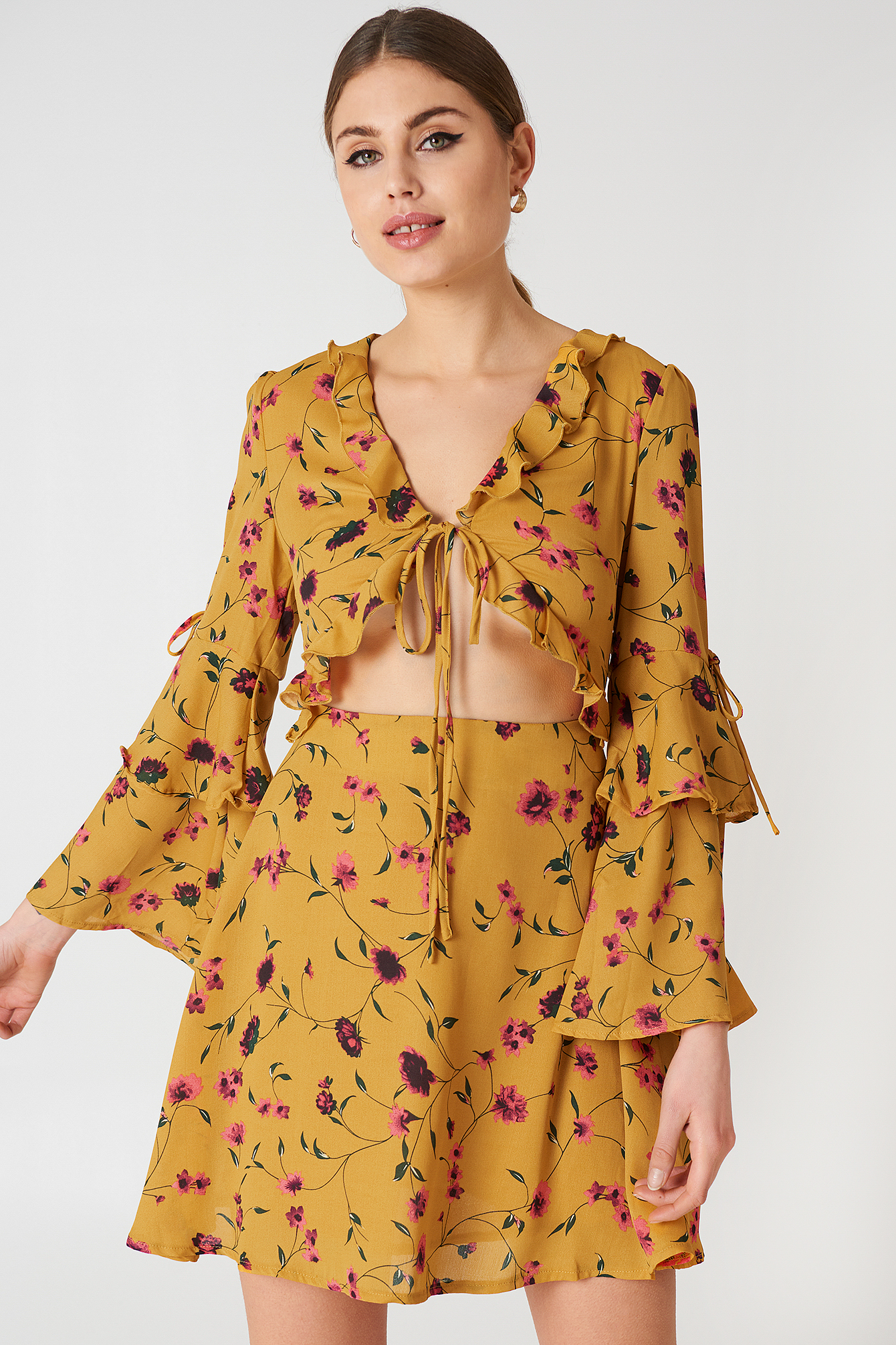 Mustard Floral Long Sleeve Mini Dress