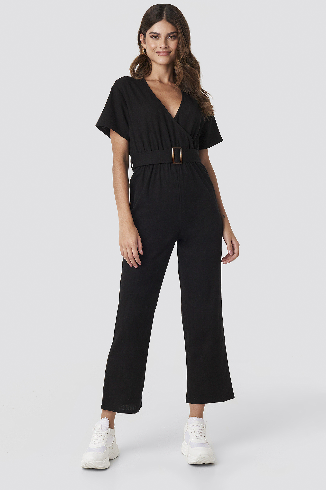 Black Hannalicious x NA-KD Overlapped Belted Linen Look Jumpsuit