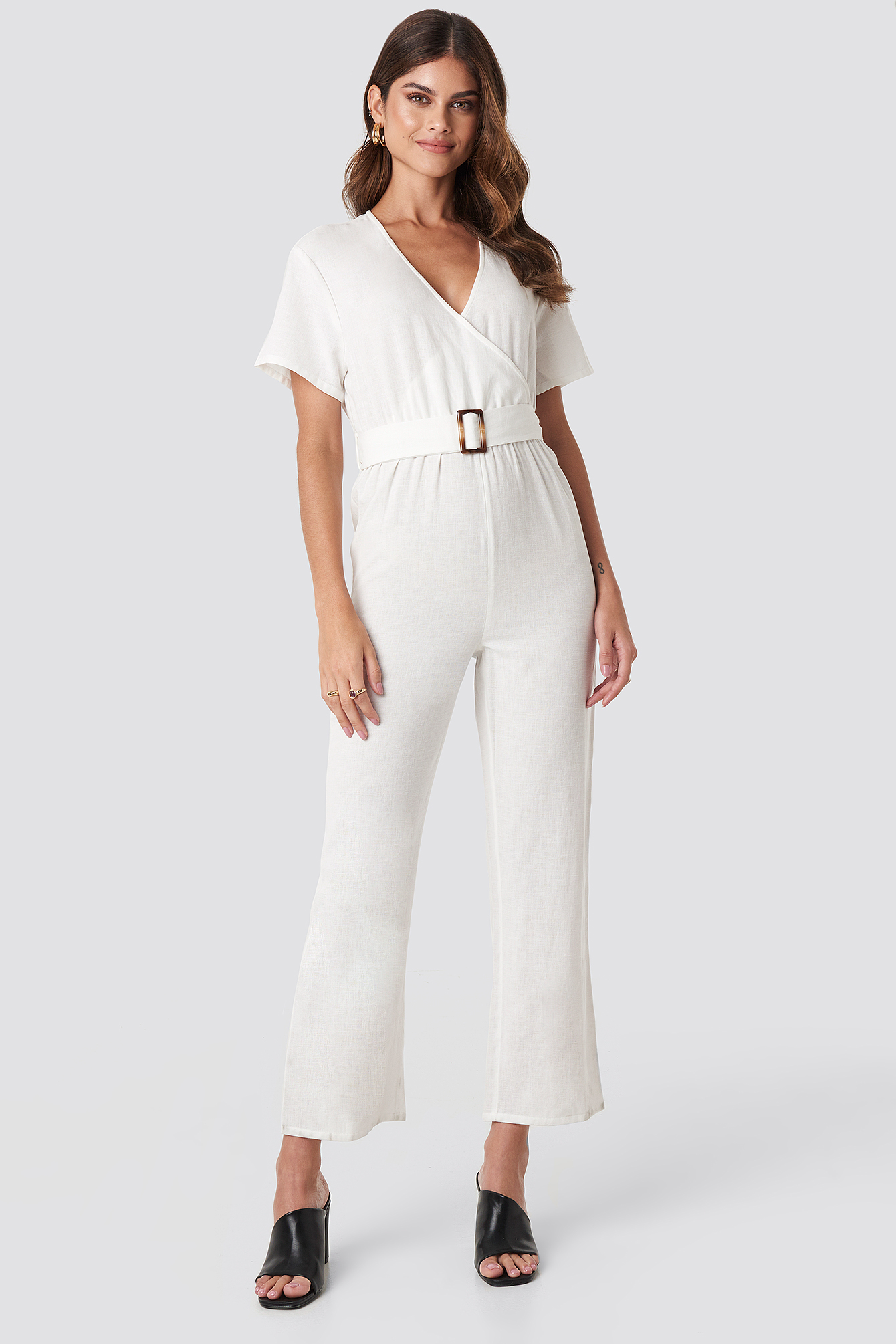 Off White Hannalicious x NA-KD Overlapped Belted Linen Look Jumpsuit