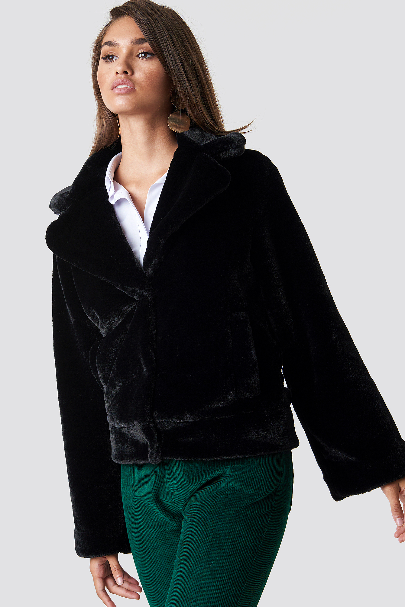 Black Hannalicious x NA-KD Wide Sleeve Faux Fur Jacket