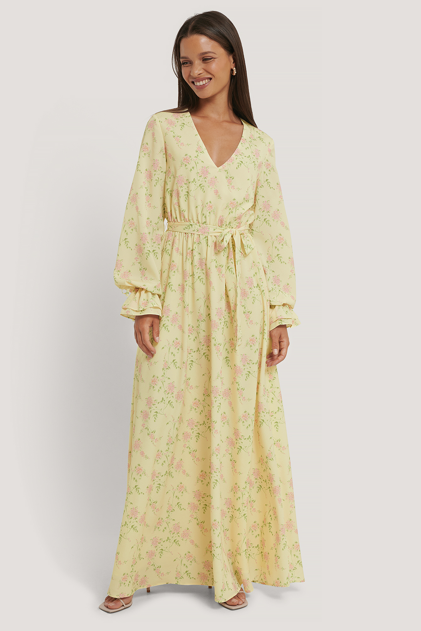 Green Flower Maxi Robe À Manches Ballon