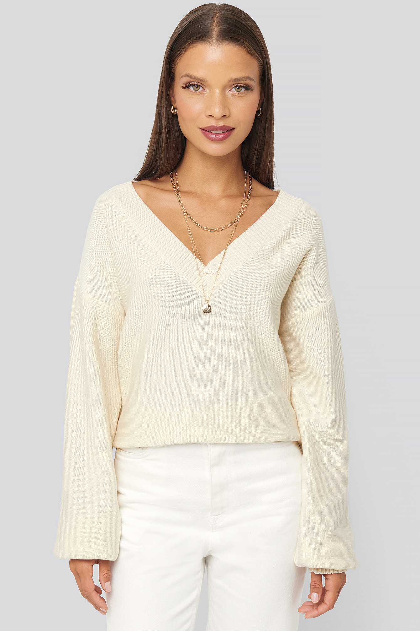 Off White V-Neck Oversized Sweater