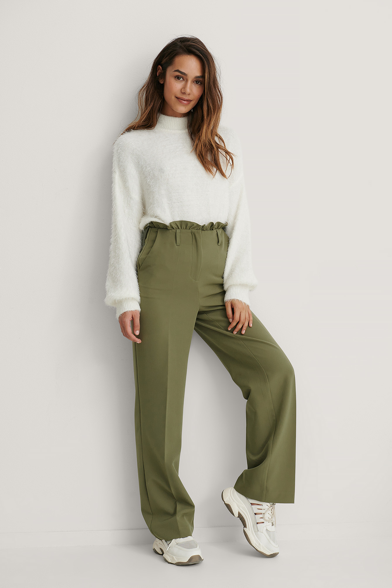 Khaki Pantalon De Costume Paperbag Pour Femmes Petites