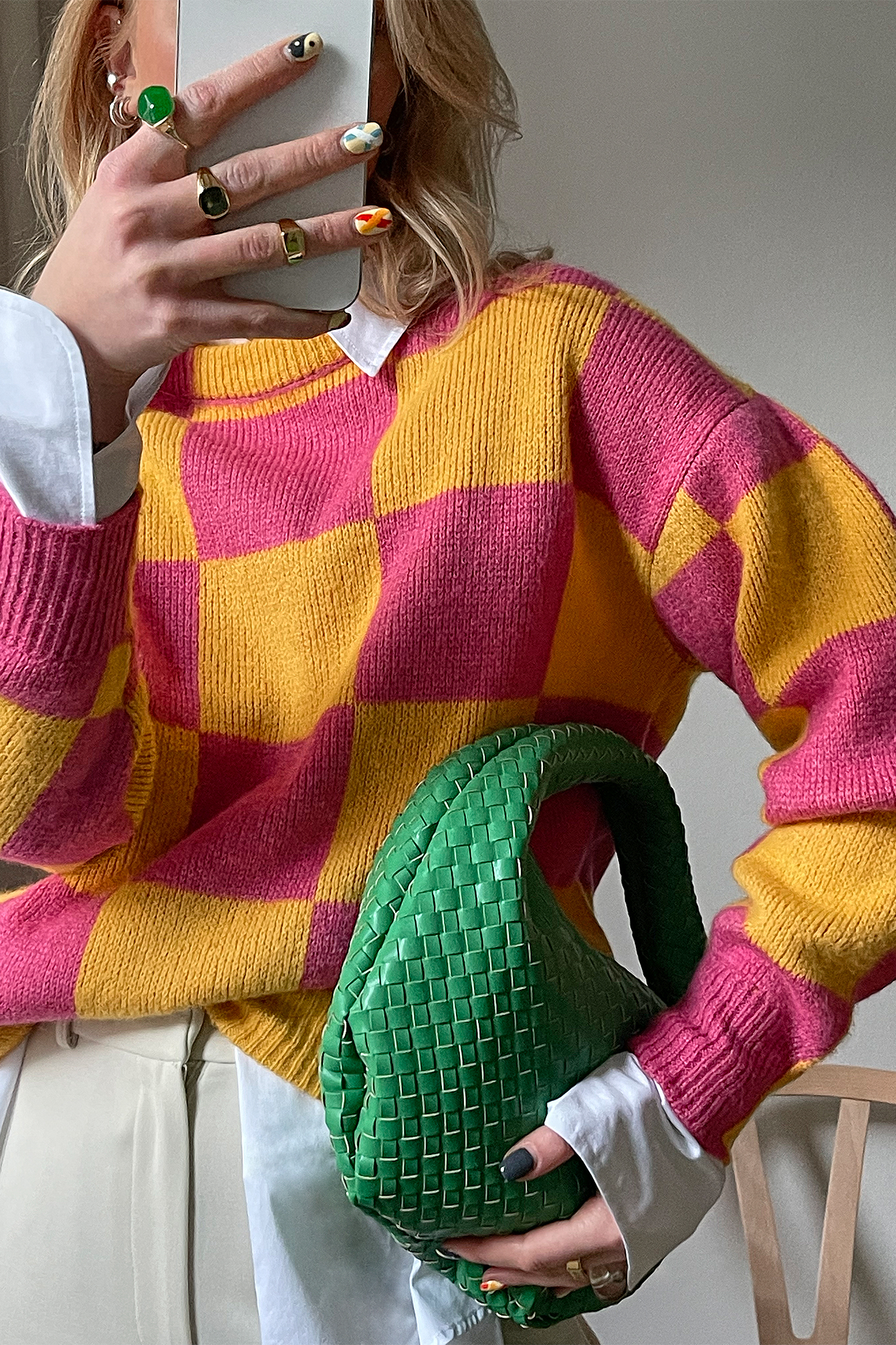 Orange/Pink Pull en tricot à carreaux et col montant