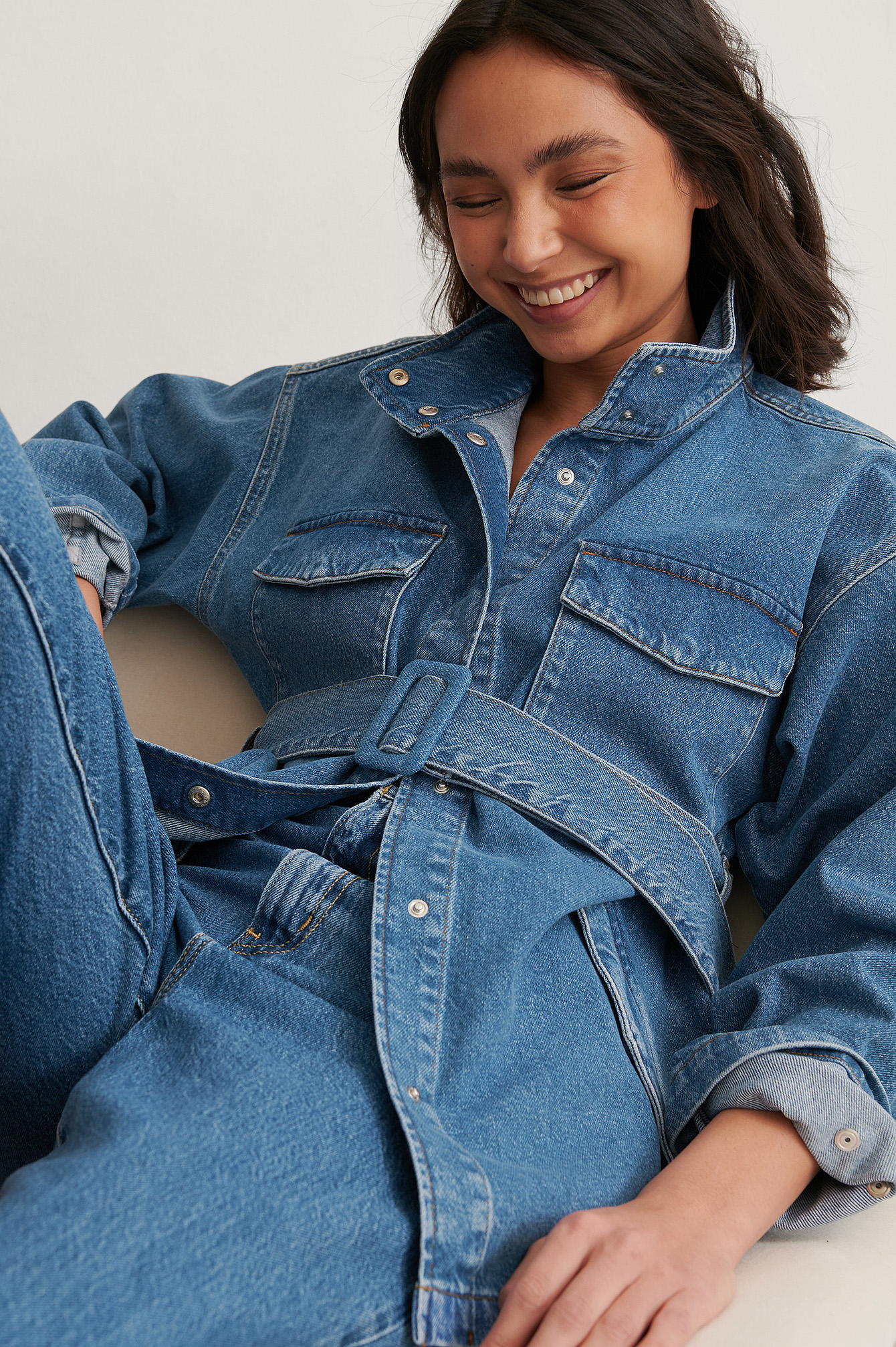 Mid Blue Biologique Veste En Jean Oversize Avec Ceinture