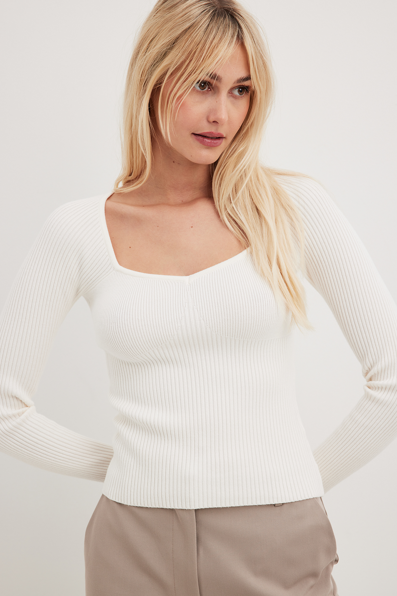 Long Sleeve Ribbed Top Offwhite