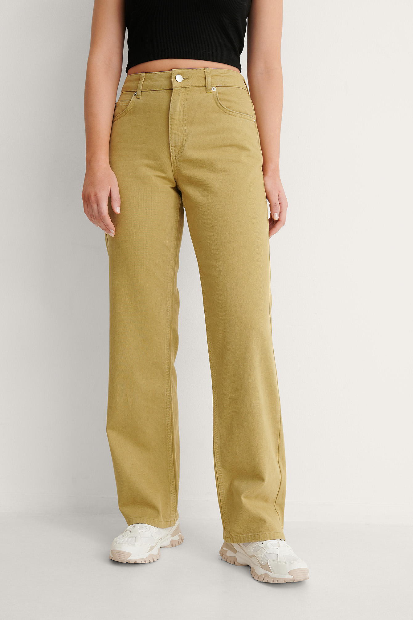 Khaki Jean Droit Taille Mi-Haute