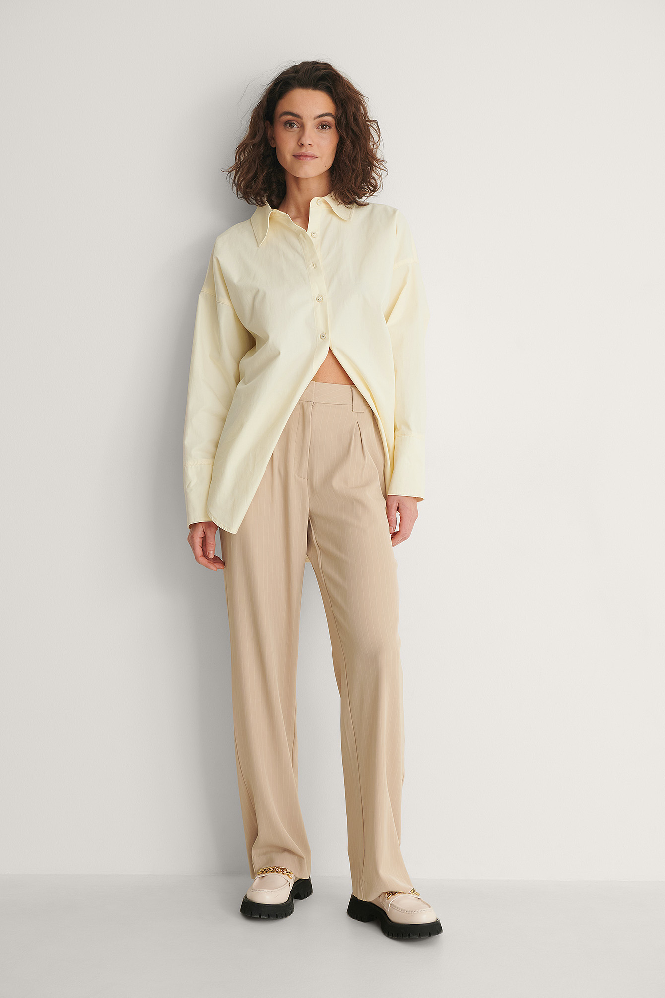 Beige Stripe Recyclé Pantalon Jambe Large Et Taille Haute