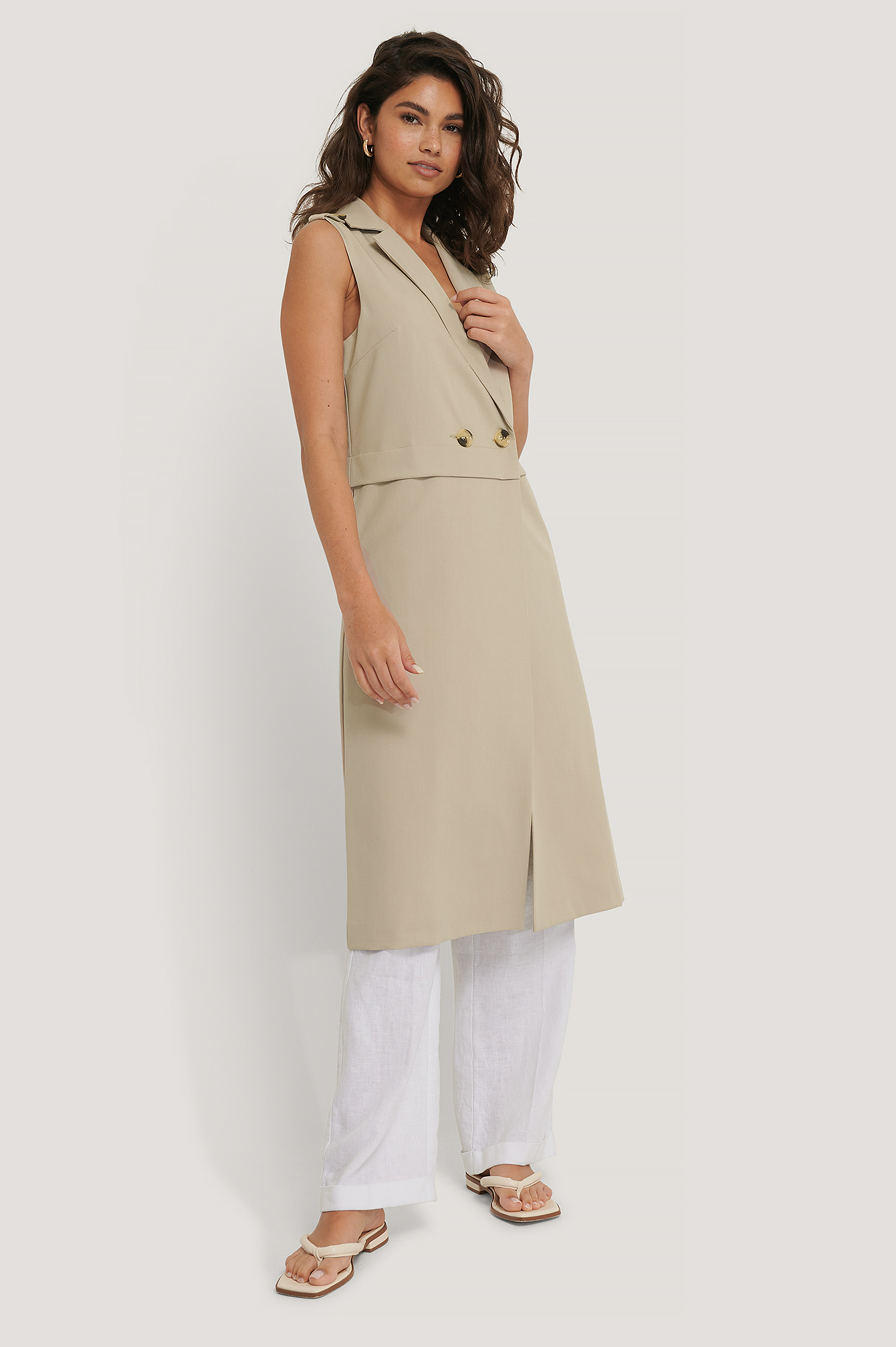 Beige Veste Longue À Boutons