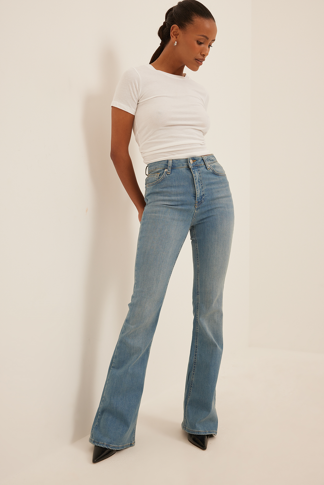 Mid Blue Jean slim taille haute évasé biologique