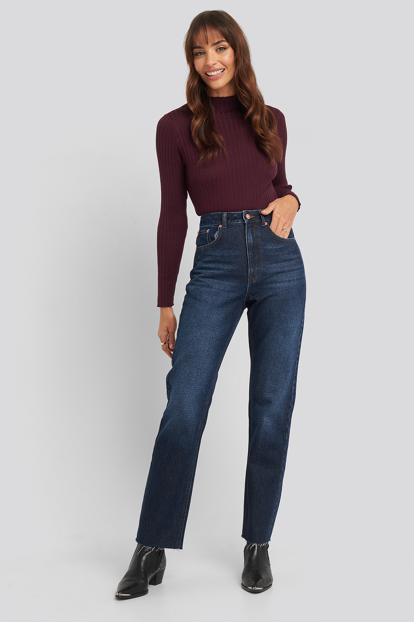 Dark Blue High Waist Raw Hem Straight Jeans