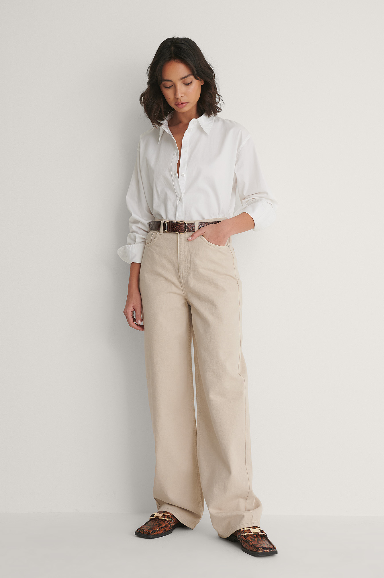 Beige Biologiques Jean Large Taille Haute