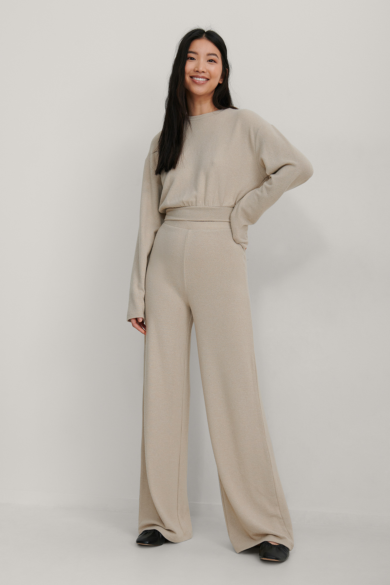 Beige Melange Recyclé Pantalon Droit Taille Haute