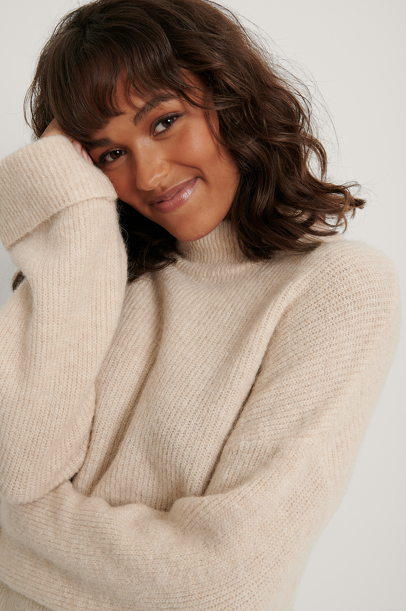 Light Beige Pull En Tricot À Col Montant En Mélange D'Alpaga