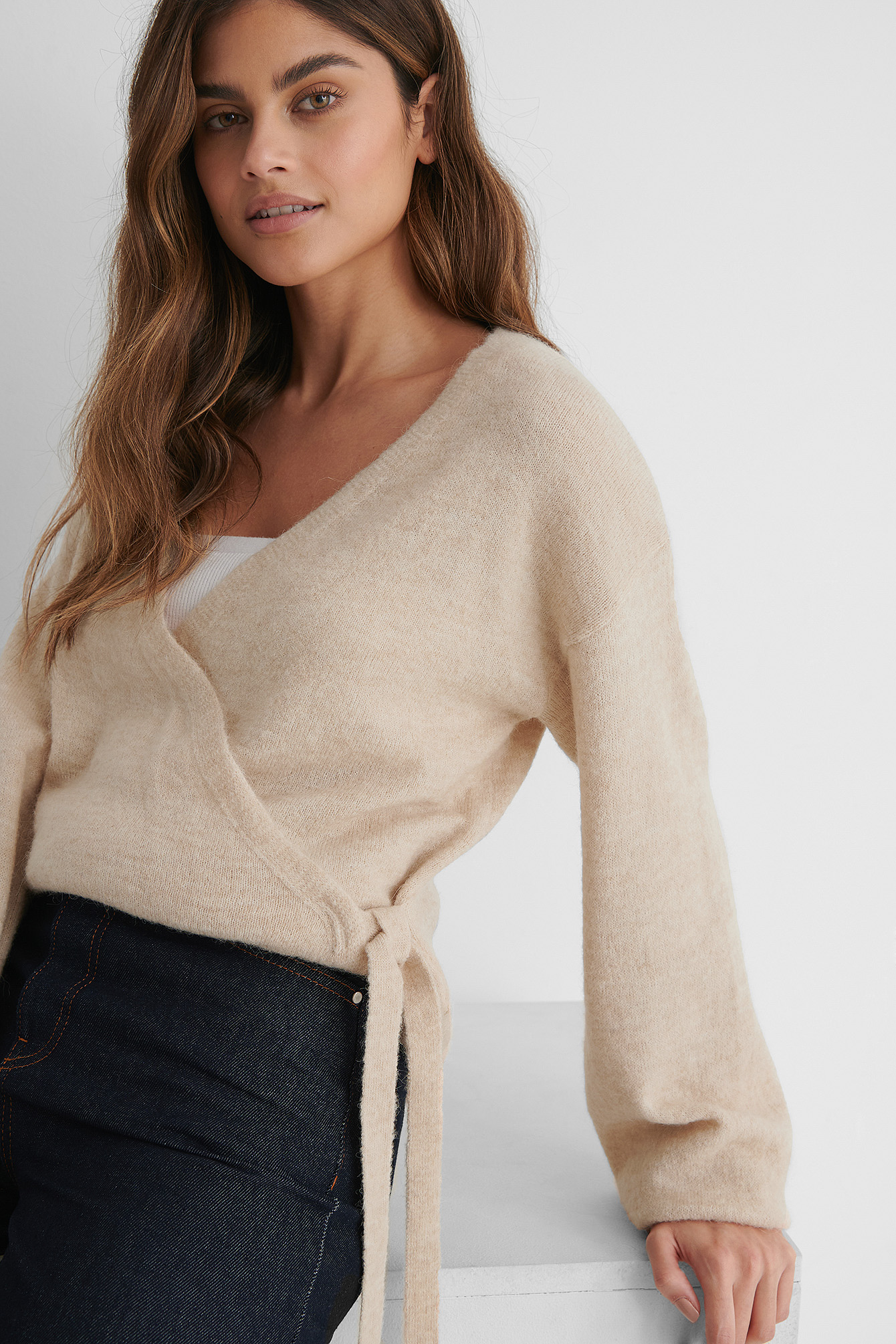 Light Beige Pull À Manches Ballon En Mélange De Laine D’Alpaga