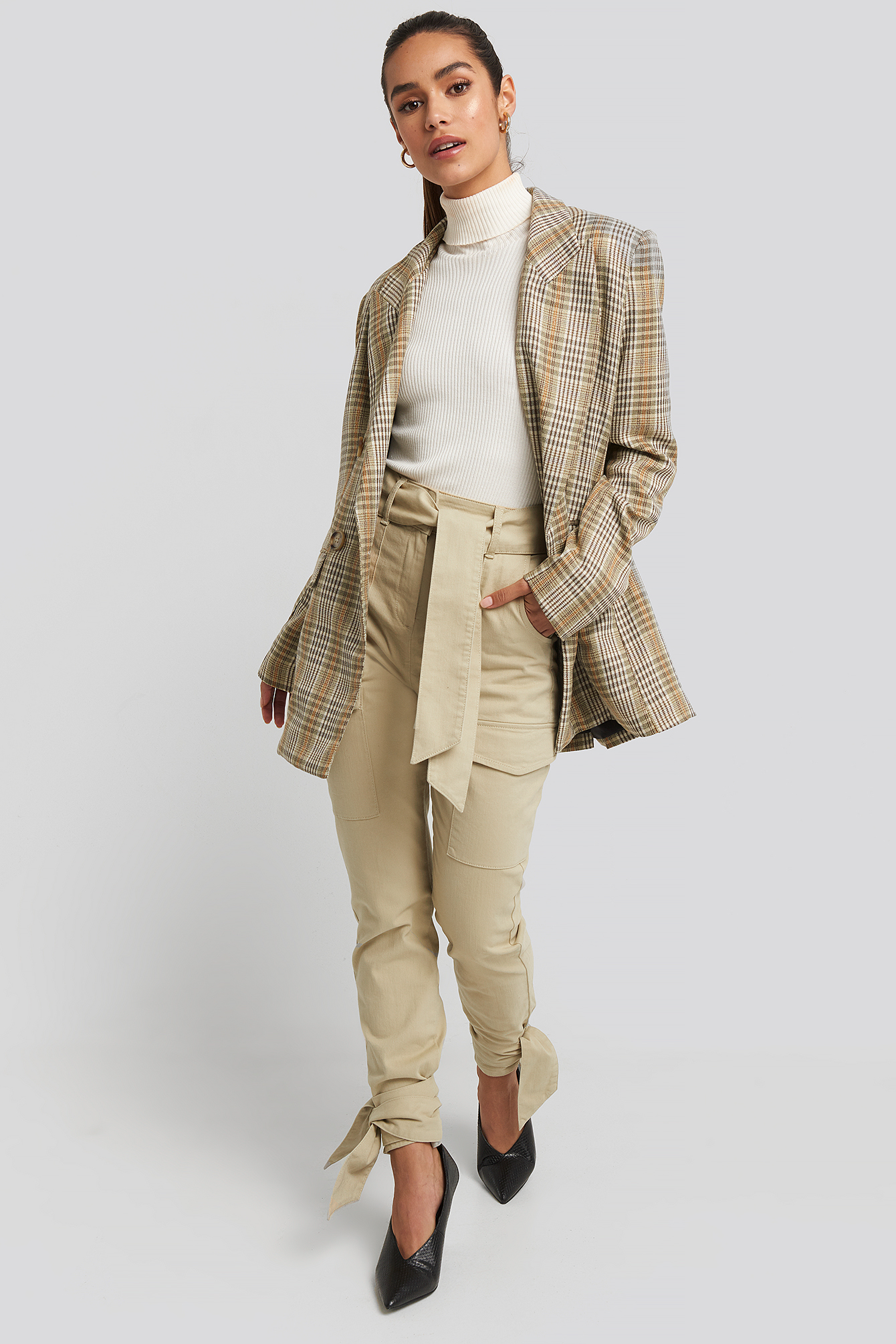 Beige Ankle Tie Cargo Slim Fit Pants