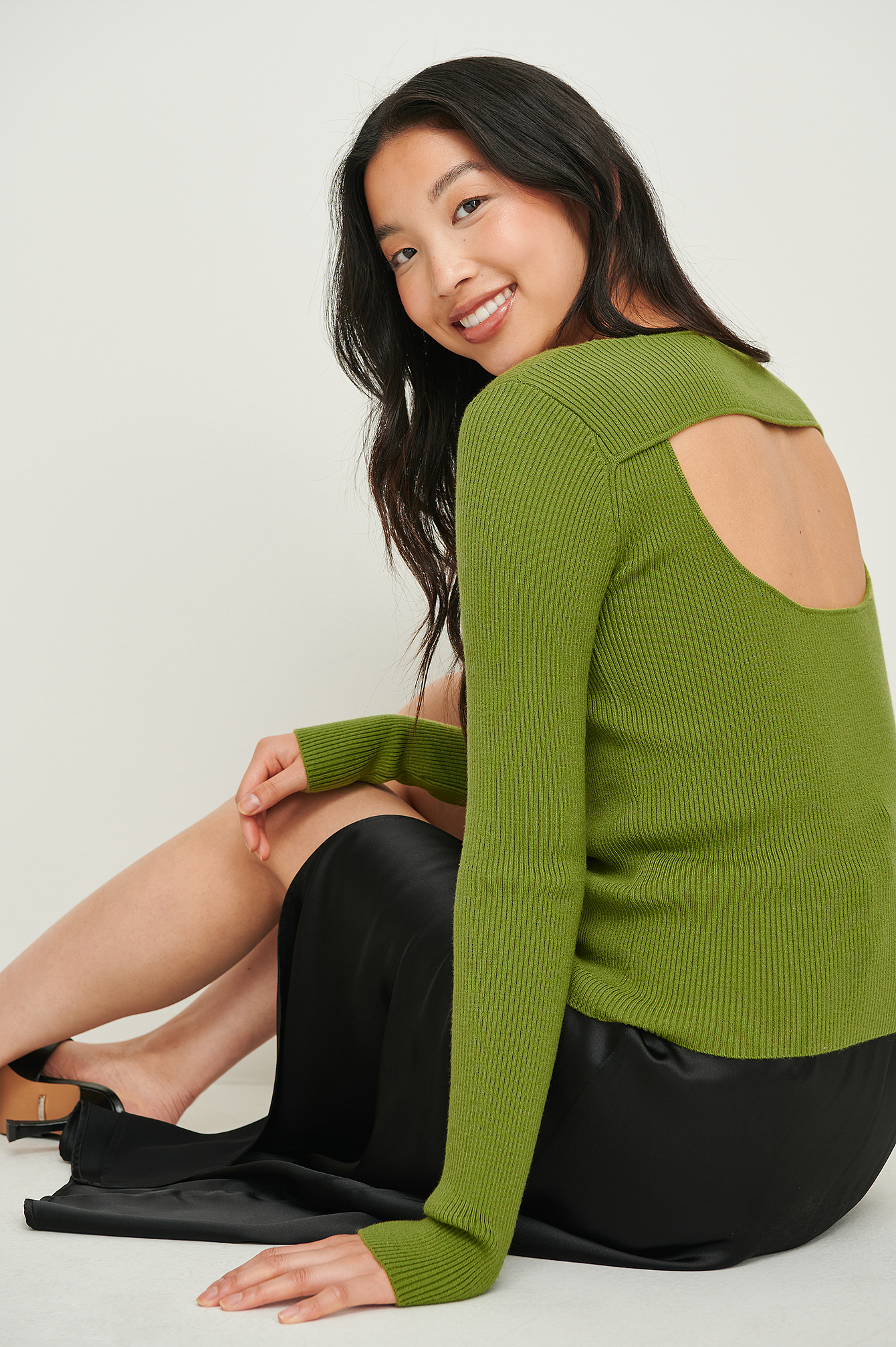 Green Melange Pull tricoté côtelé avec détail dans le dos