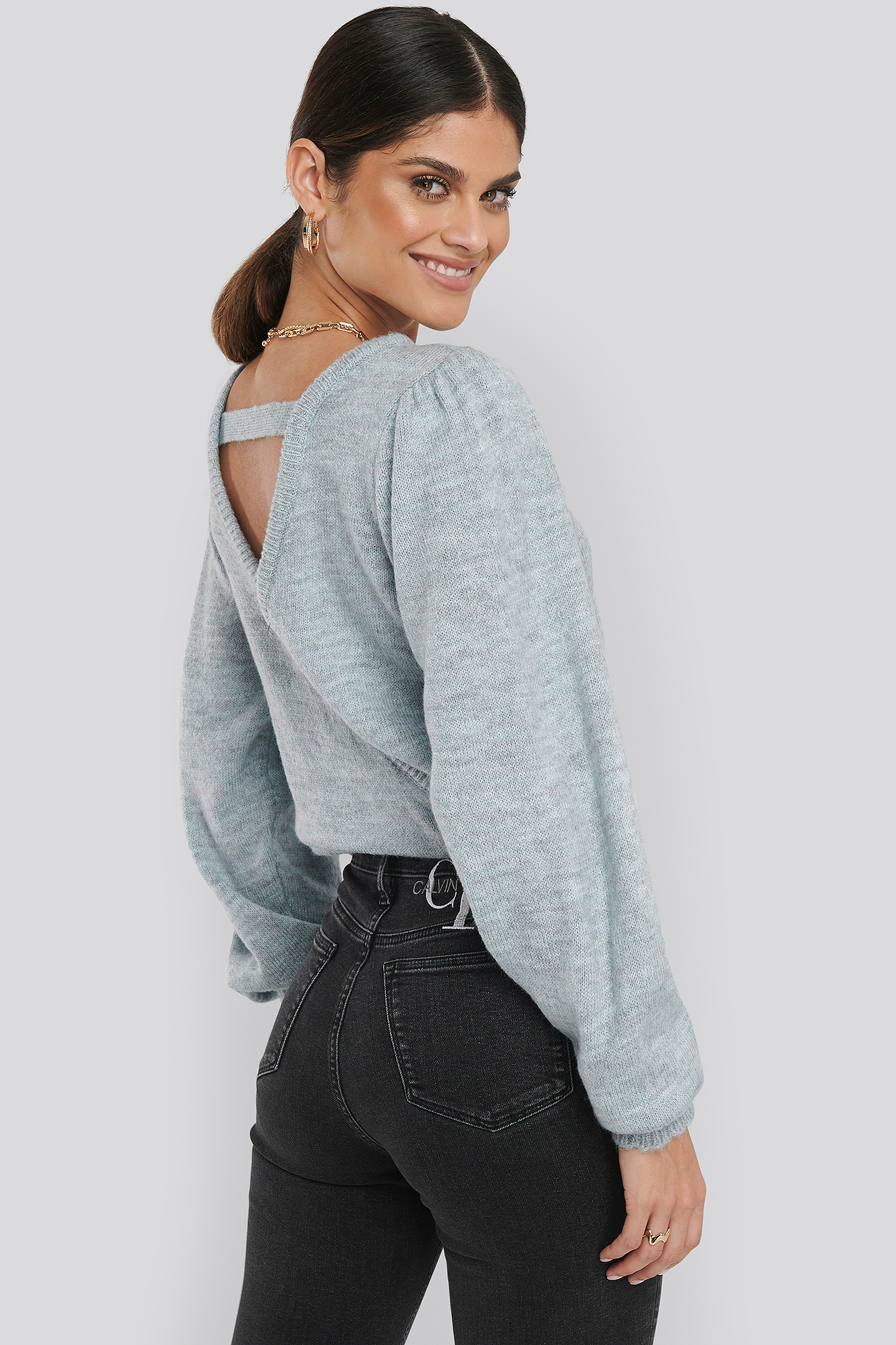 Grey Back Overlap Puff Sleeve Knitted Sweater