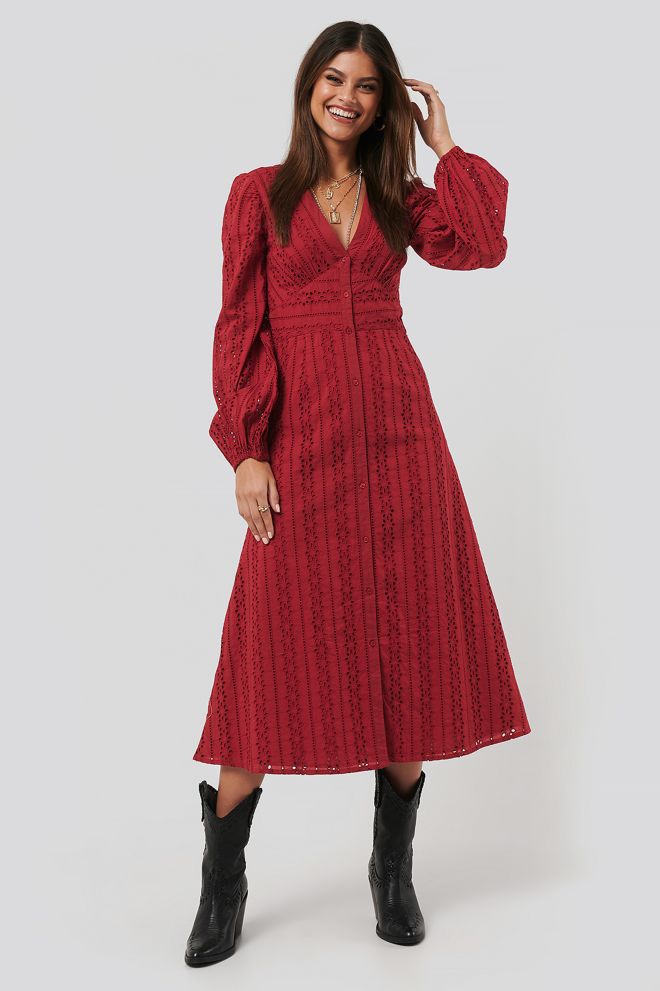 Dark Red Balloon Sleeve Anglaise Midi Dress