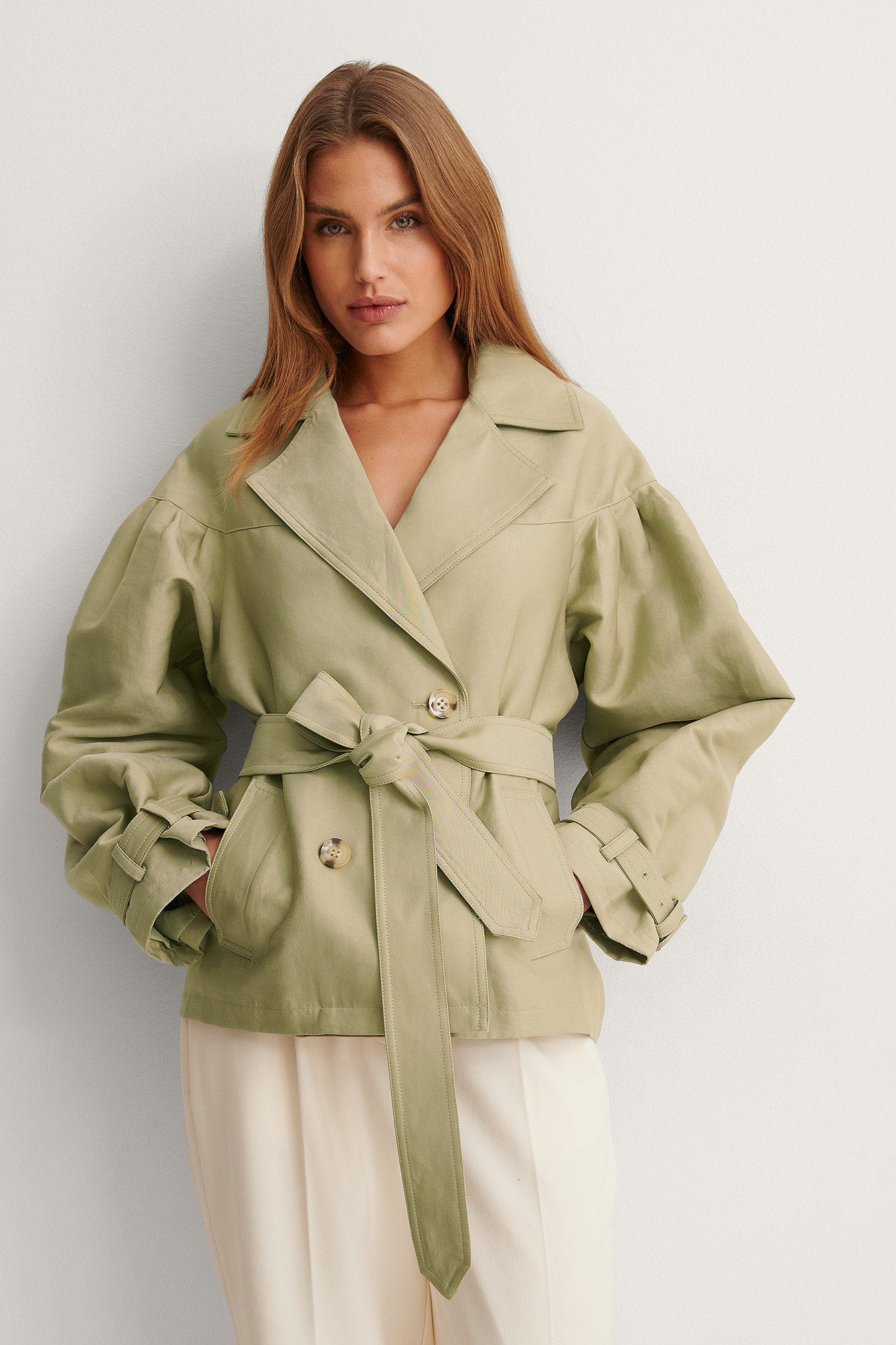 Green Trench Ceinturé À Manches Ballon