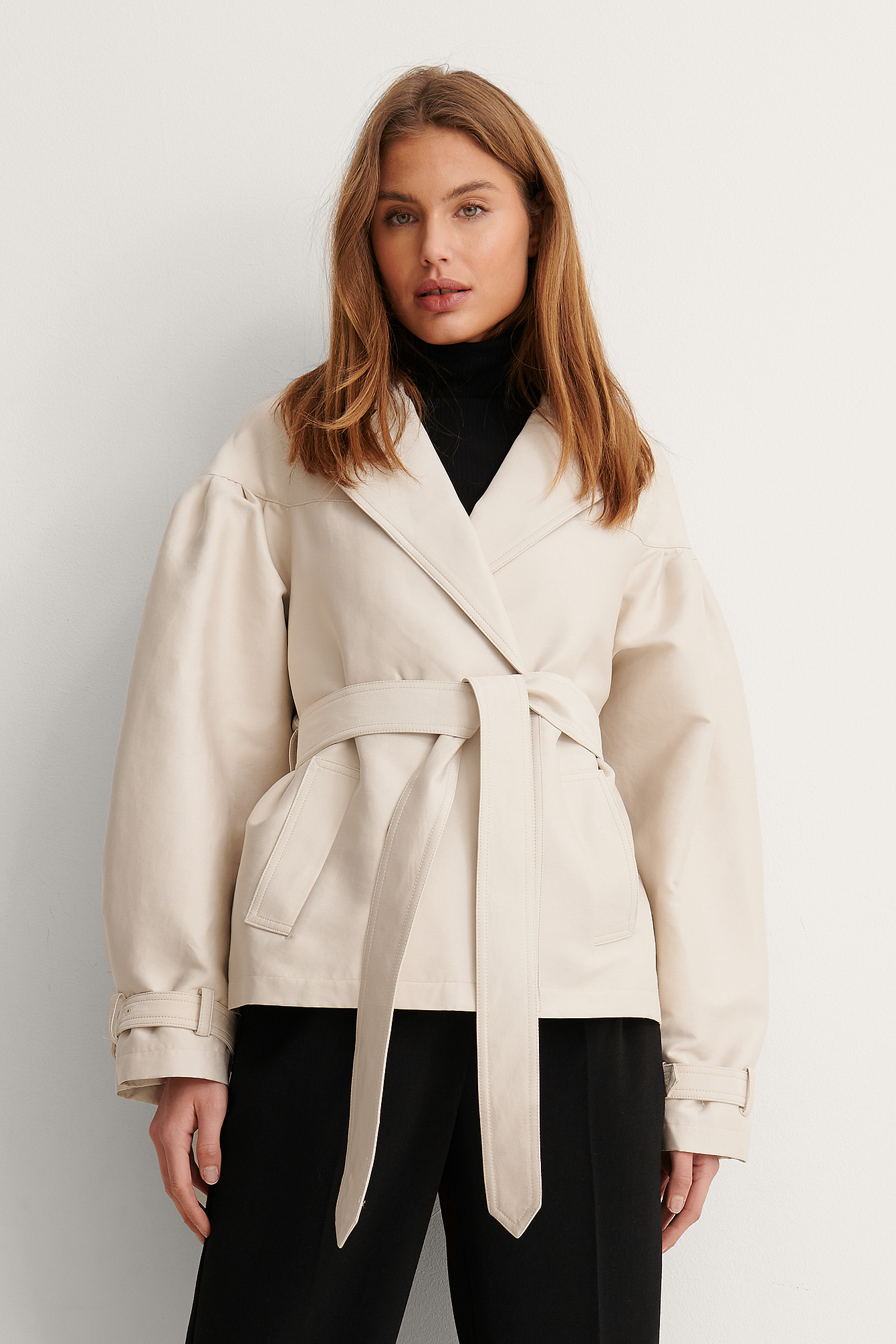 Light Beige Trench Ceinturé À Manches Ballon