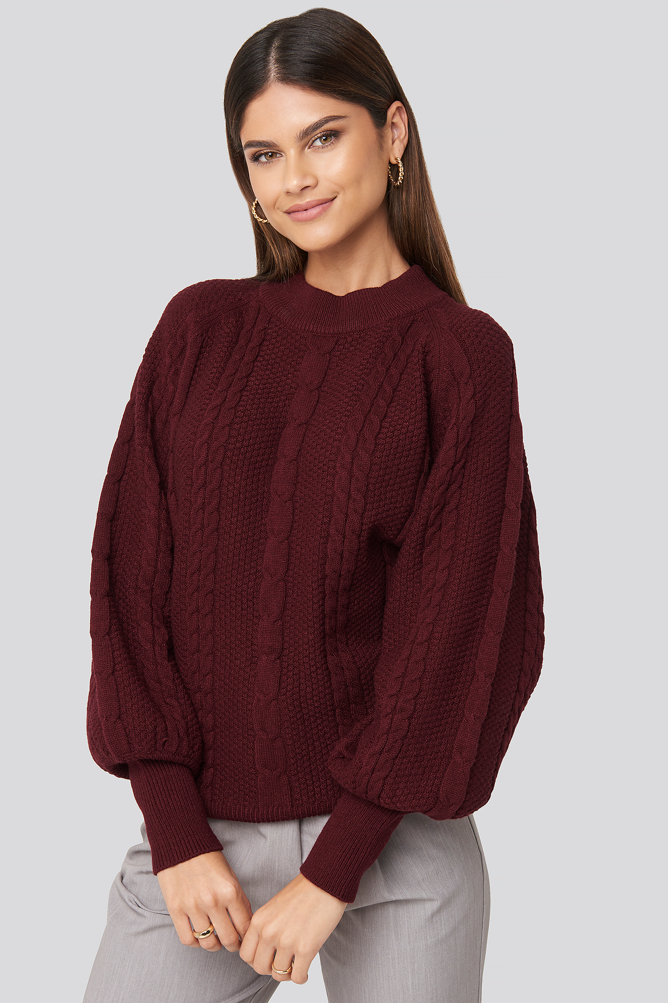 Burgundy Balloon Sleeve Cable Knitted Sweater