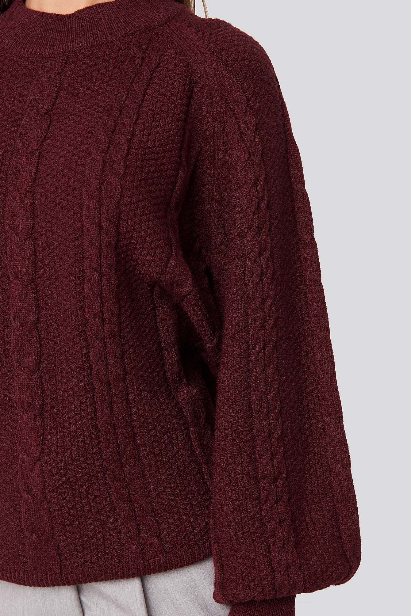 Burgundy Balloon Sleeve Cable Knitted Sweater